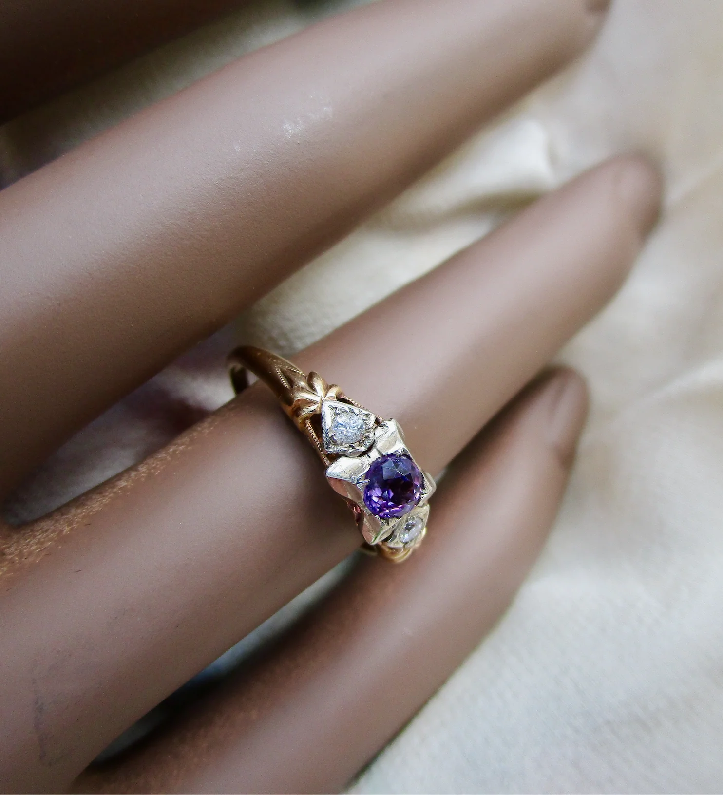20s/30s Deco Amethyst Ring Diamond Accents 14k Gold Wg Yg - Image 5