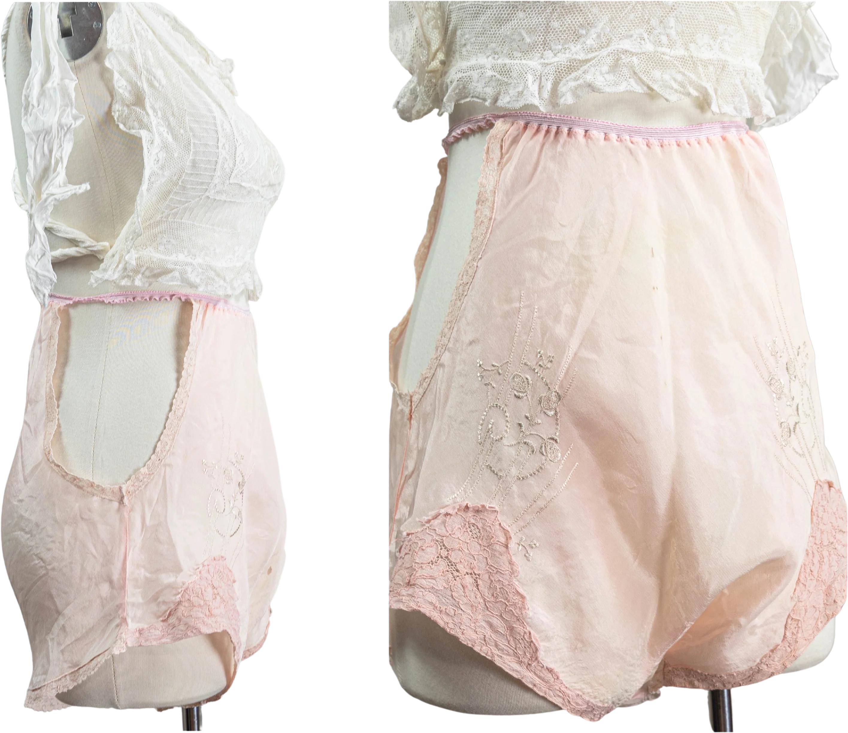 20s/30s Pink Silk Side Cutout Tap Pants,lace Embroidery