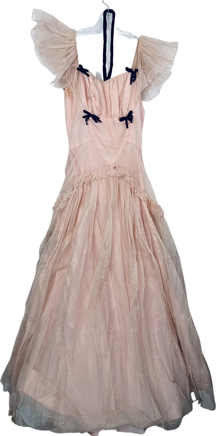 20s/30s Pink White Ball Gown Dress Black Velvet Bows Disp