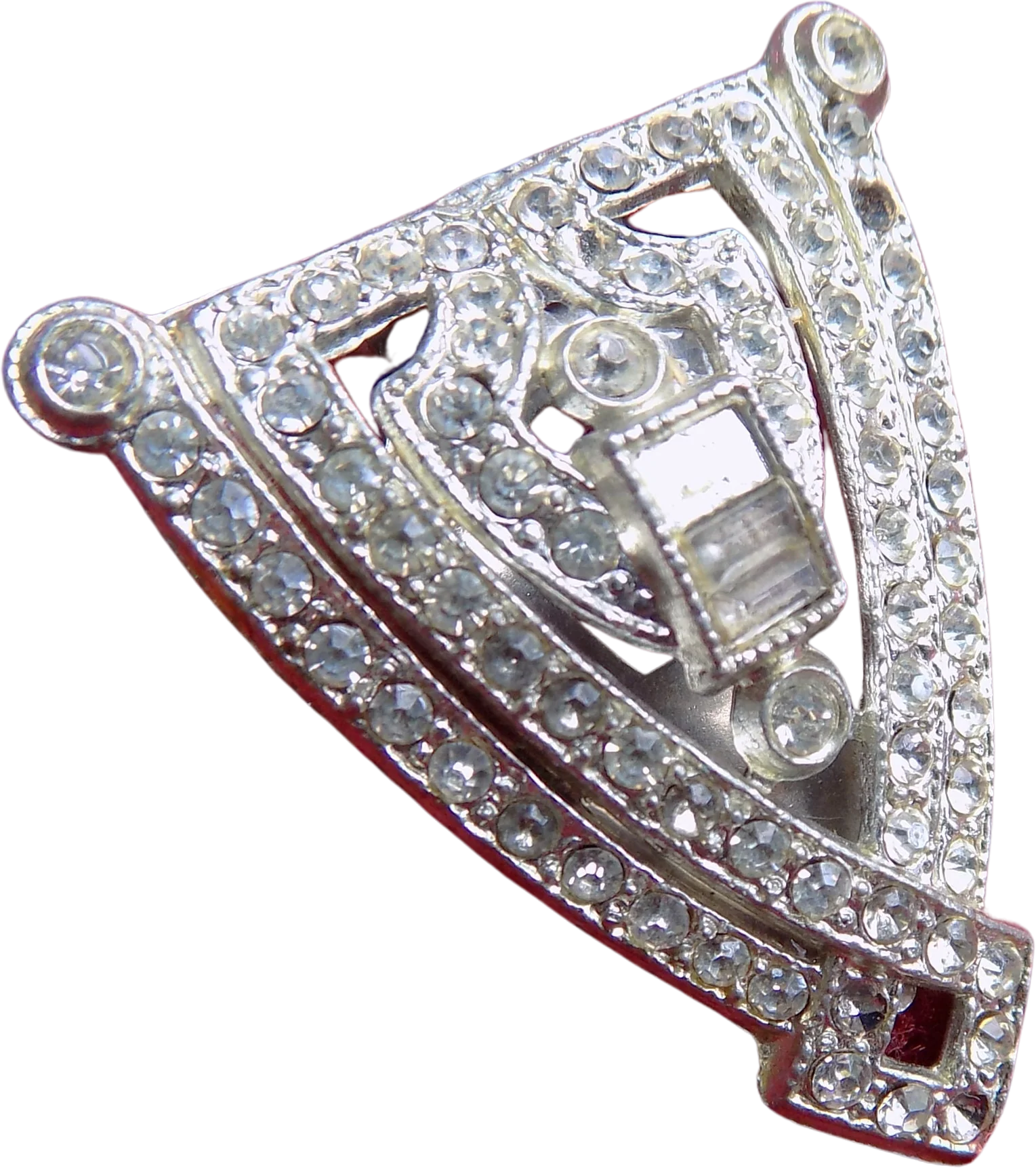 20s 40s Art Deco Reinad Pot Metal and Rhinestone Dress Clip Missing Stones