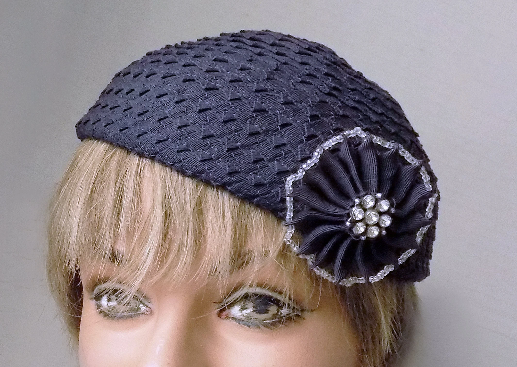 20s 40s Hat with Bead and Rhinestone Flourish Scull Cap Beret Beanie Flapper Navy Blue Joal Designer New York - Image 2