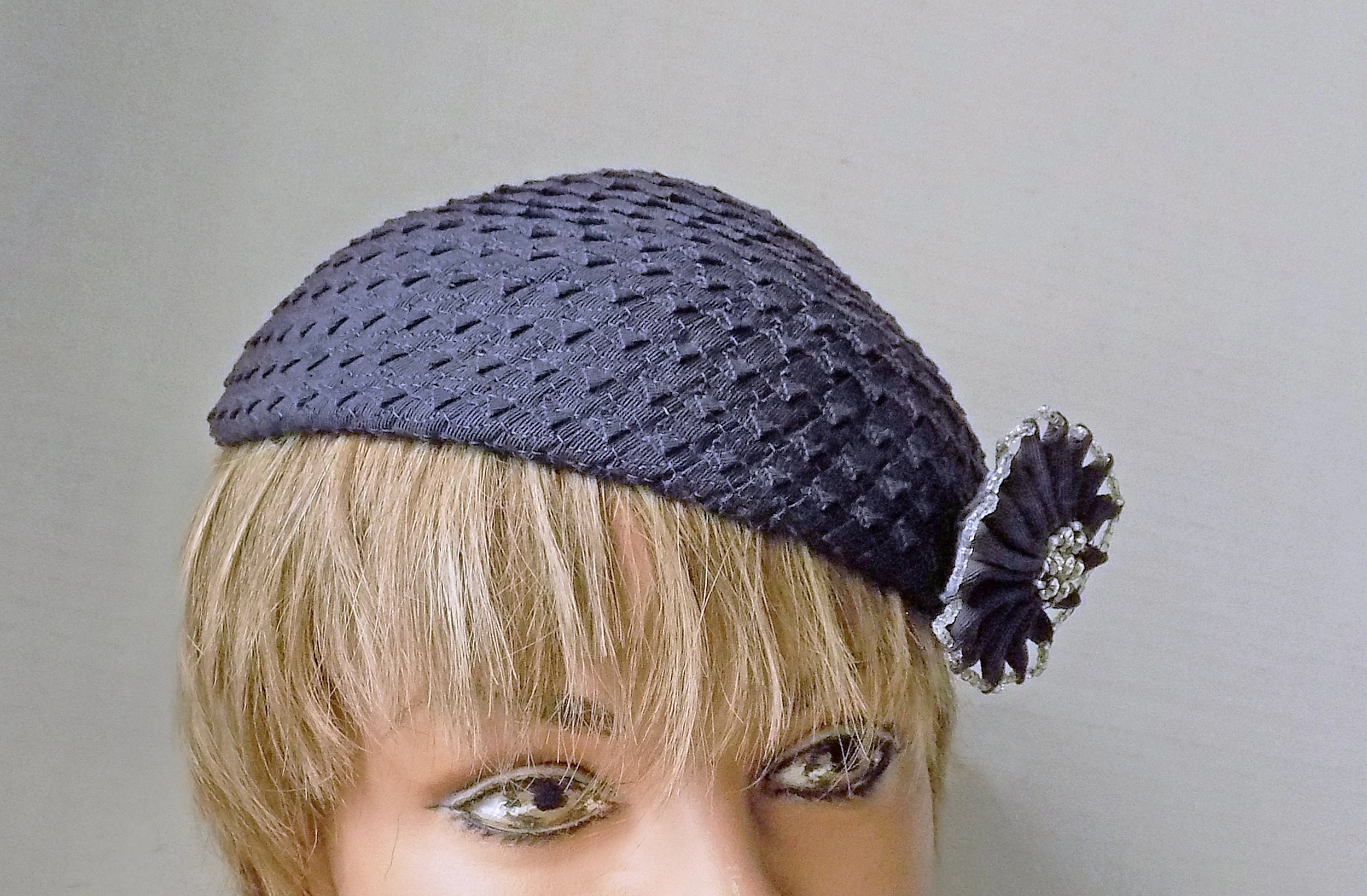 20s 40s Hat with Bead and Rhinestone Flourish Scull Cap Beret Beanie Flapper Navy Blue Joal Designer New York - Image 3
