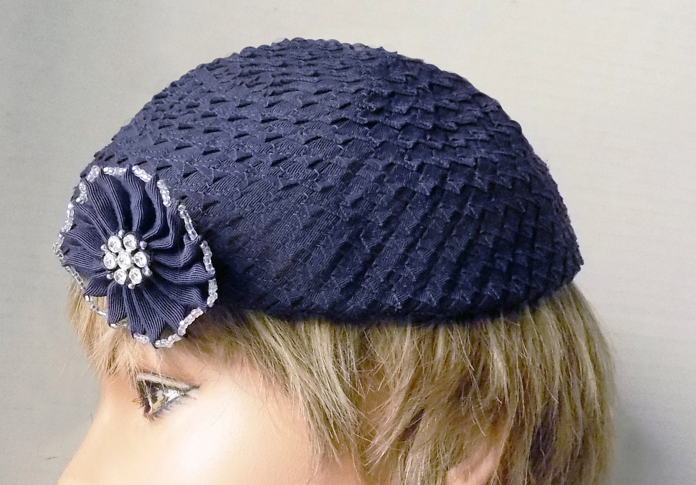 20s 40s Hat with Bead and Rhinestone Flourish Scull Cap Beret Beanie Flapper Navy Blue Joal Designer New York - Image 4