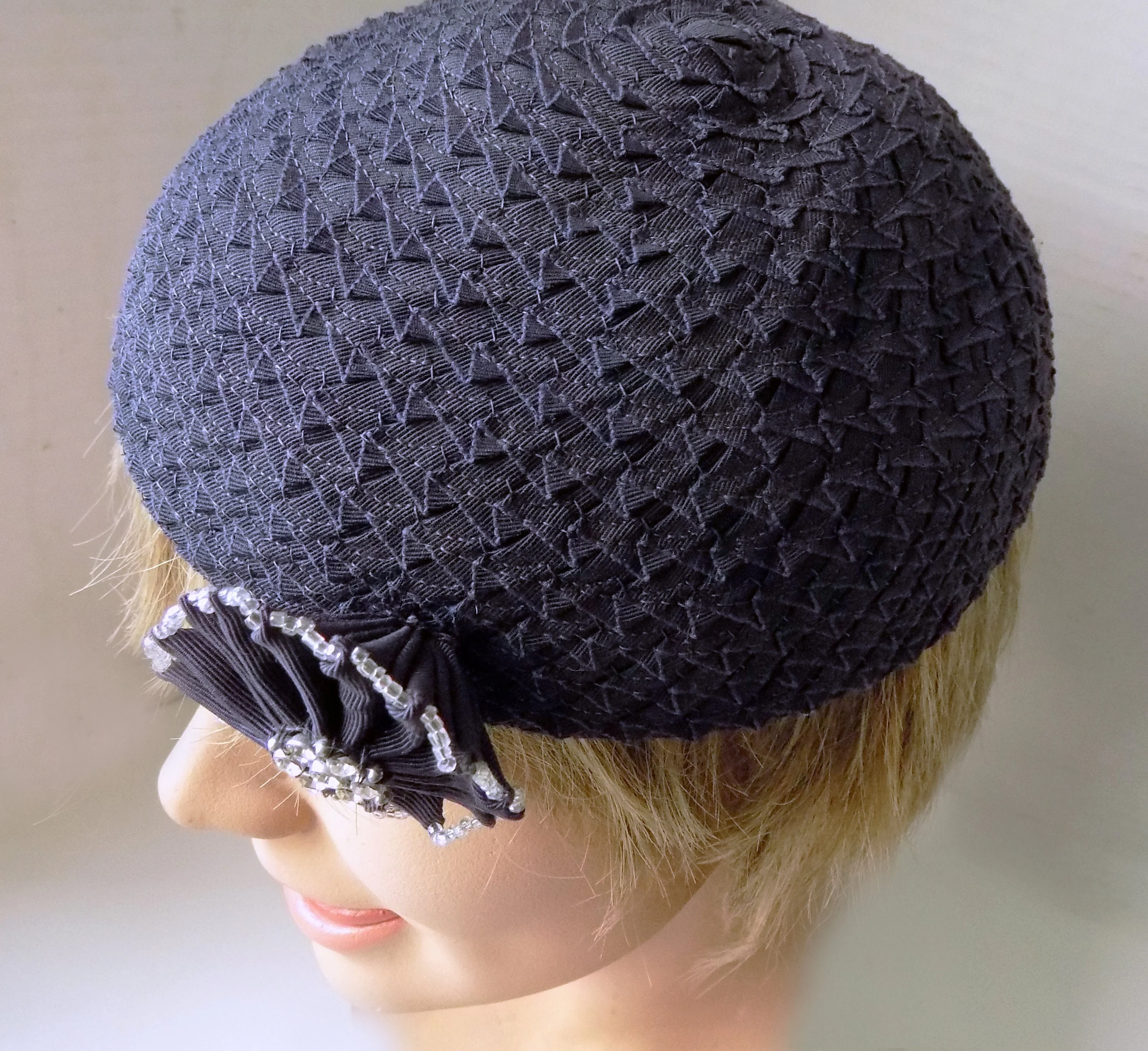 20s 40s Hat with Bead and Rhinestone Flourish Scull Cap Beret Beanie Flapper Navy Blue Joal Designer New York - Image 5