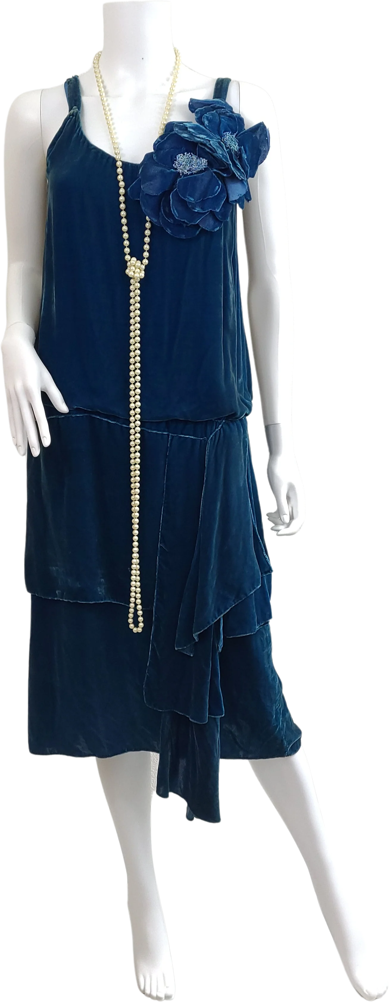 20s Antique Blue Teal Velvet Flapper Dress Flowers