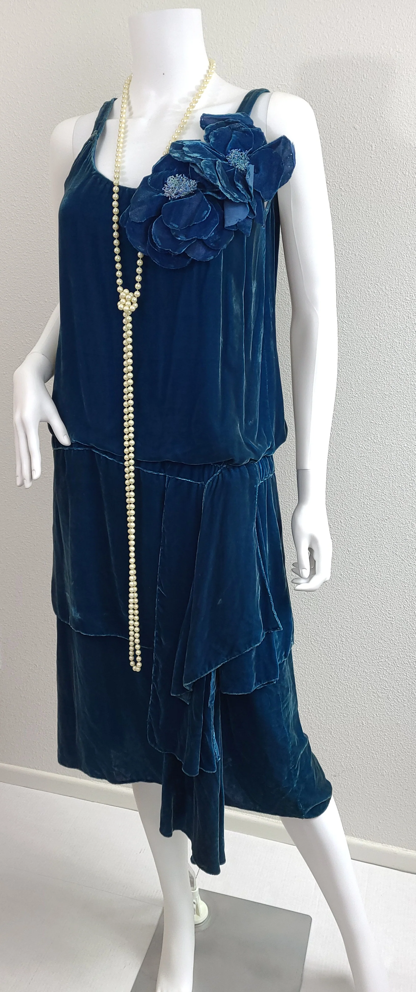 20s Antique Blue Teal Velvet Flapper Dress Flowers - Image 11