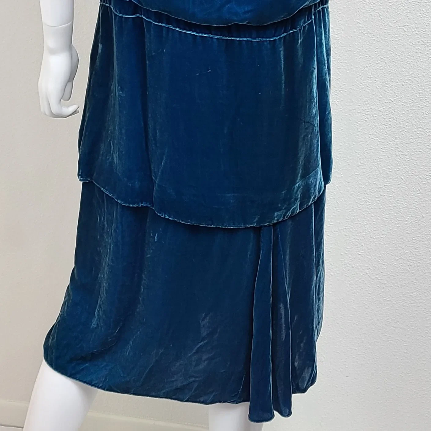 20s Antique Blue Teal Velvet Flapper Dress Flowers - Image 3