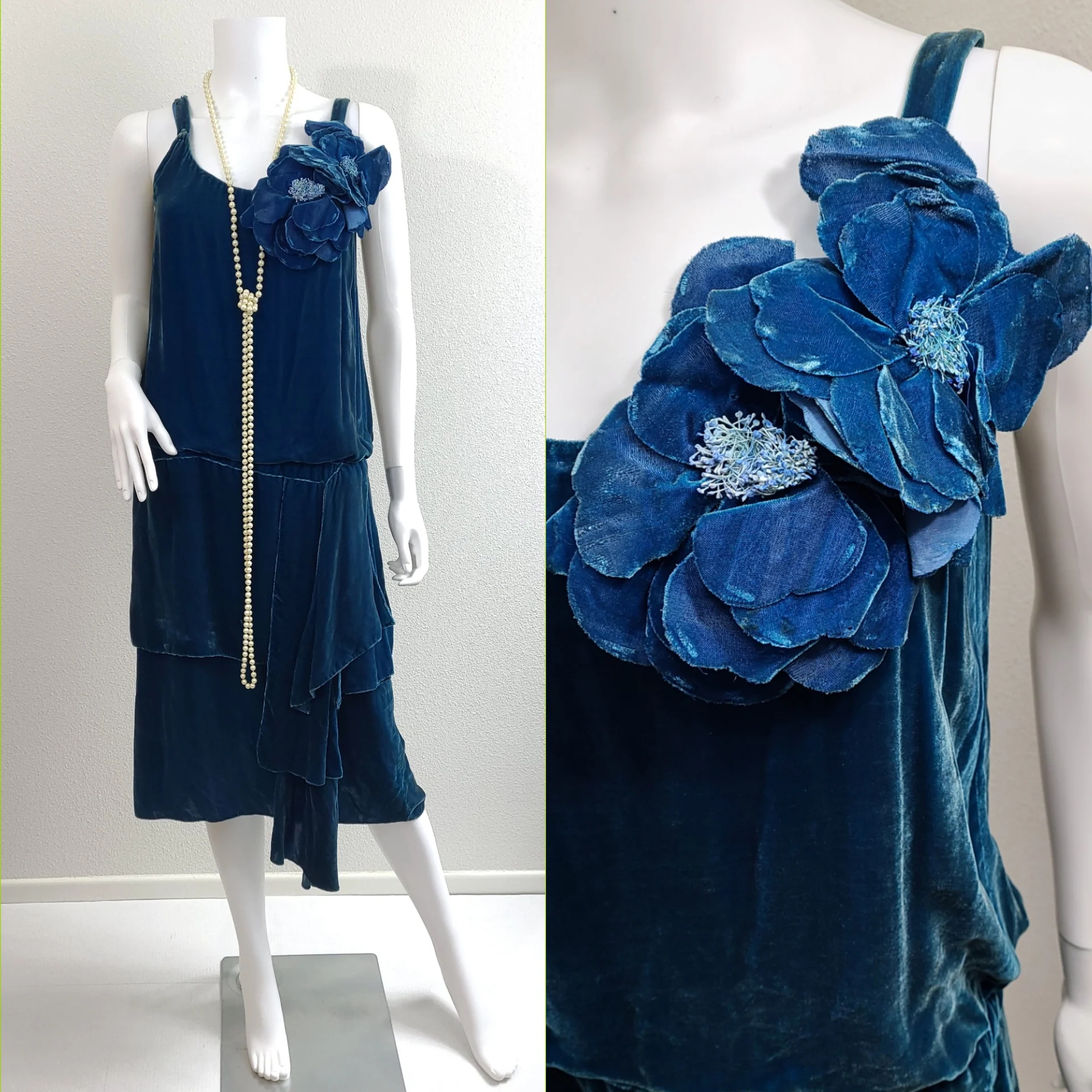 20s Antique Blue Teal Velvet Flapper Dress Flowers - Image 4