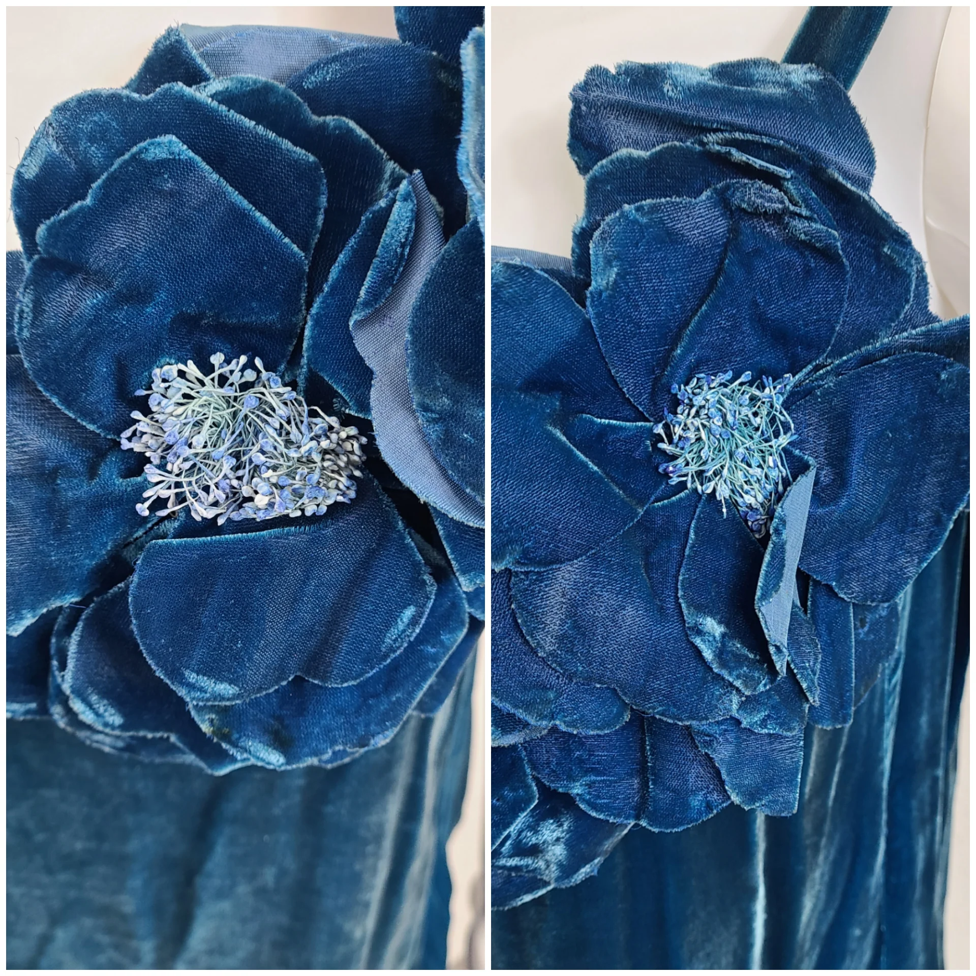20s Antique Blue Teal Velvet Flapper Dress Flowers - Image 5
