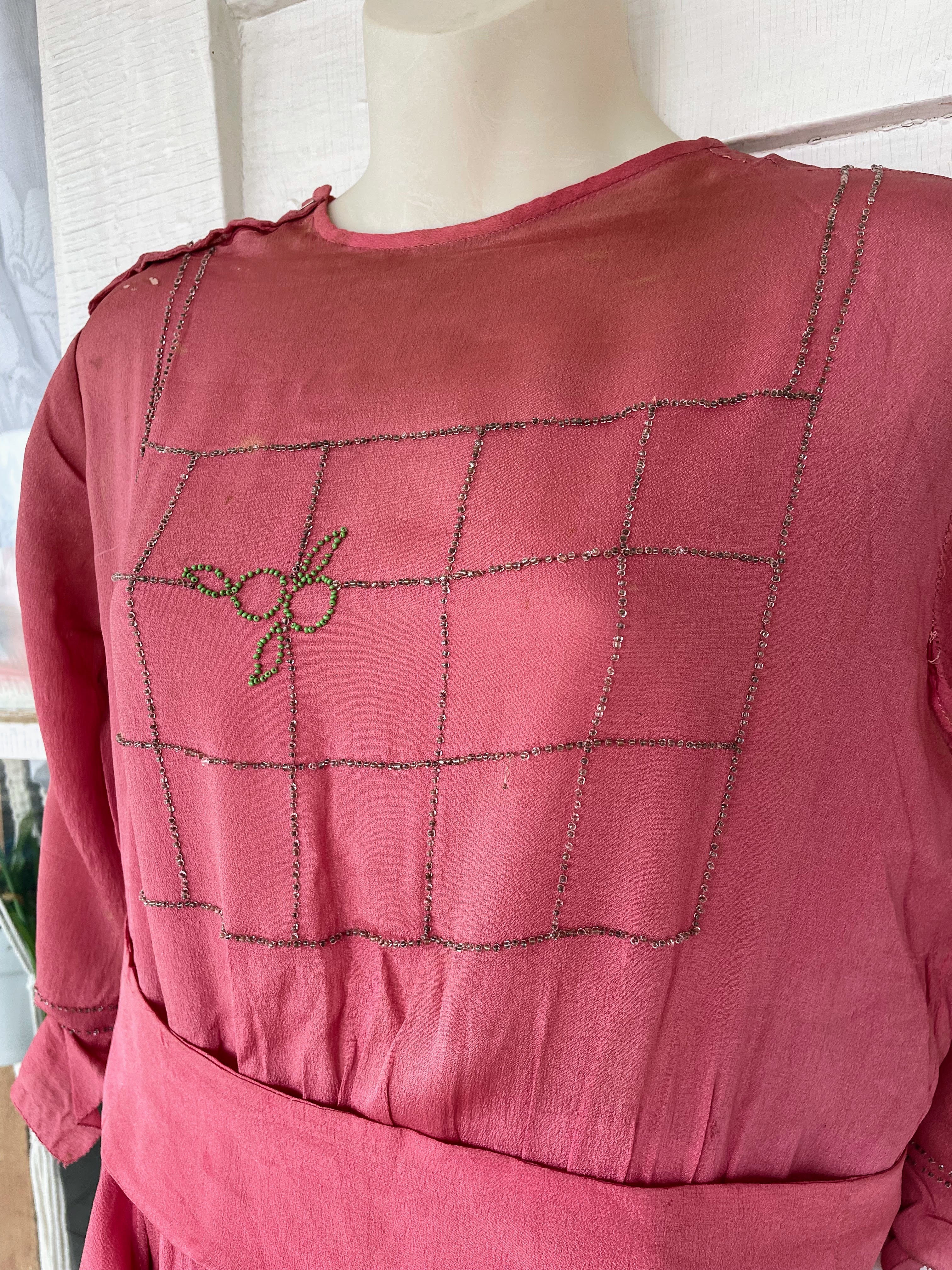 20s Antique Silk Beaded Dress Tlc Study Piece Damage - Image 12