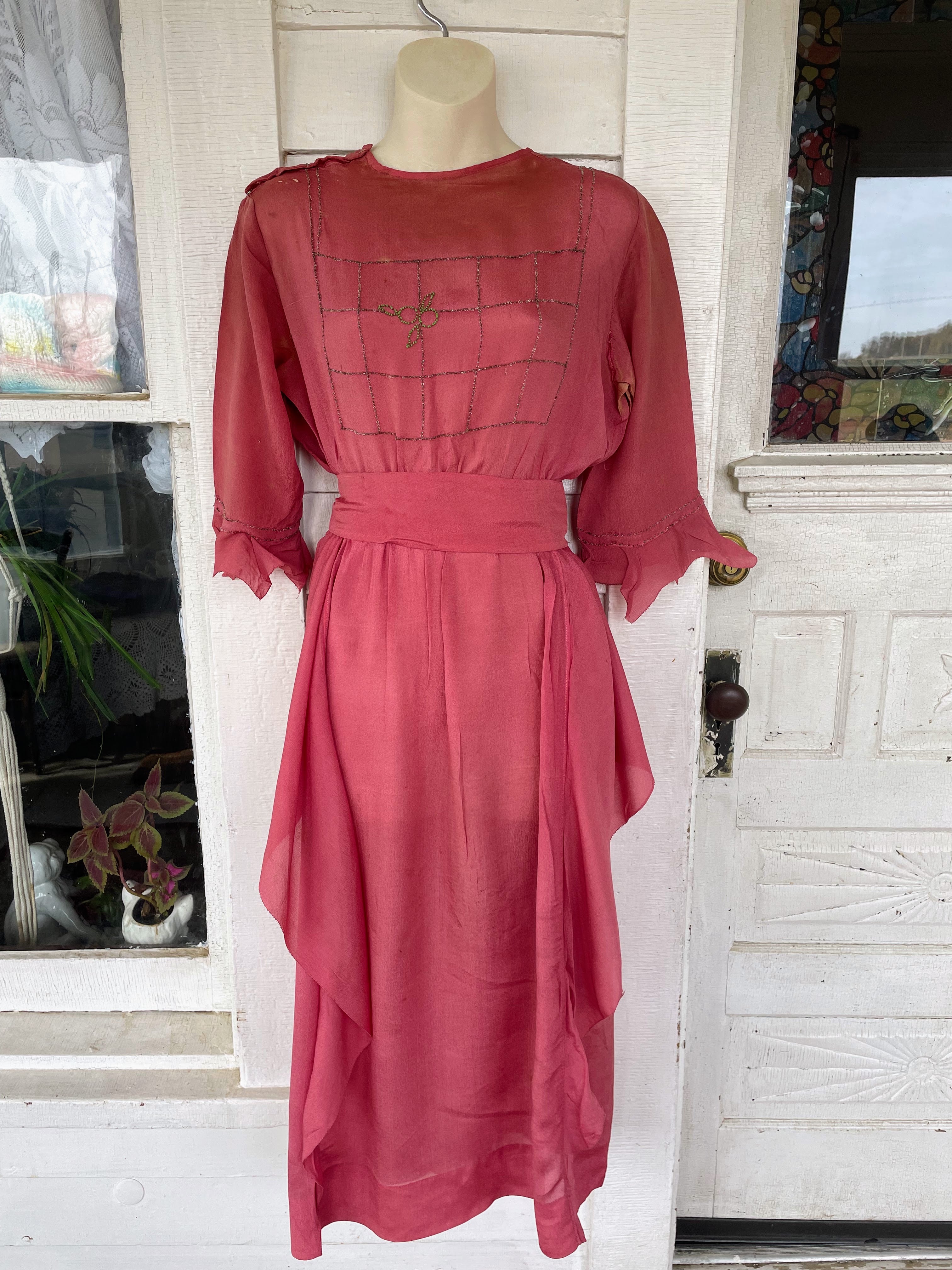 20s Antique Silk Beaded Dress Tlc Study Piece Damage - Image 14