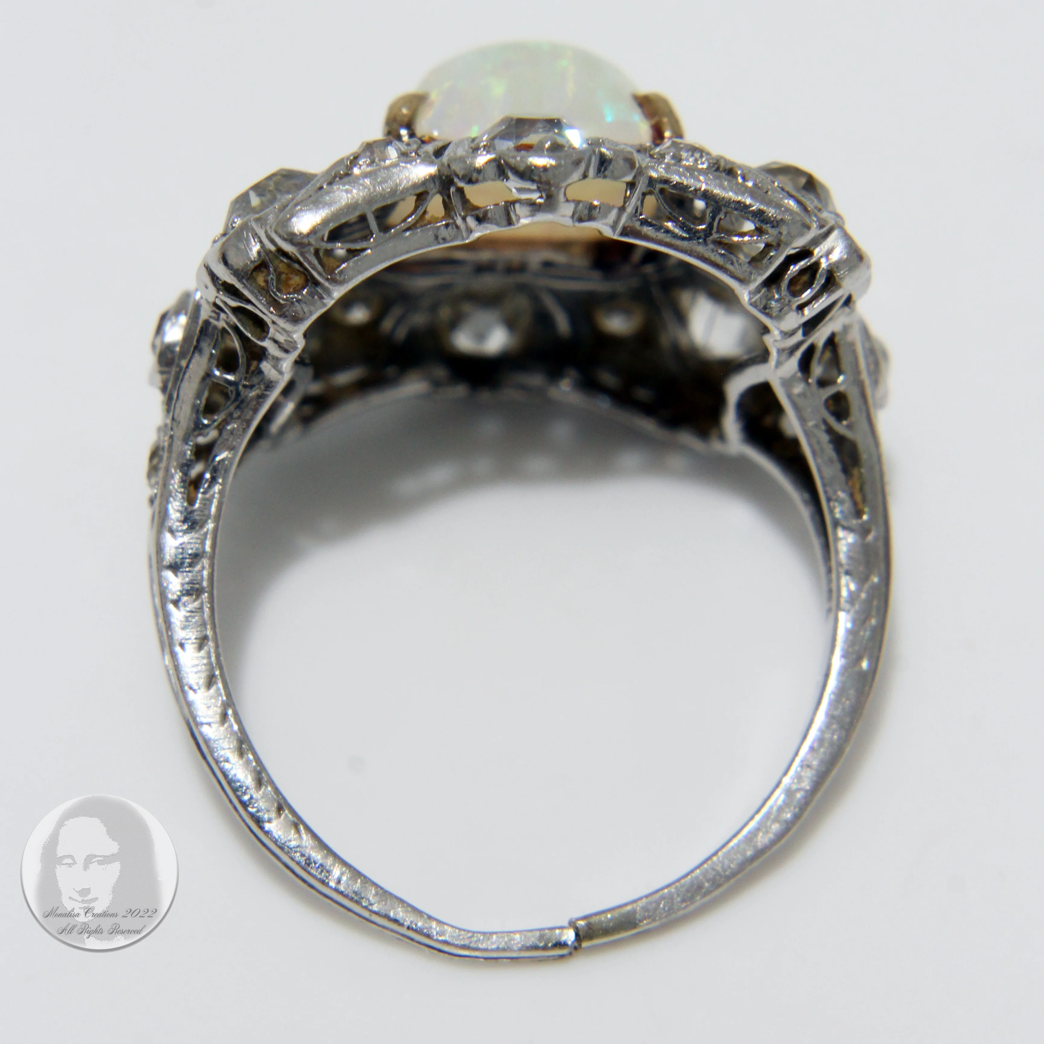 20s Art Deco Cocktail Ring Opal And Diamonds Platinum - Image 15
