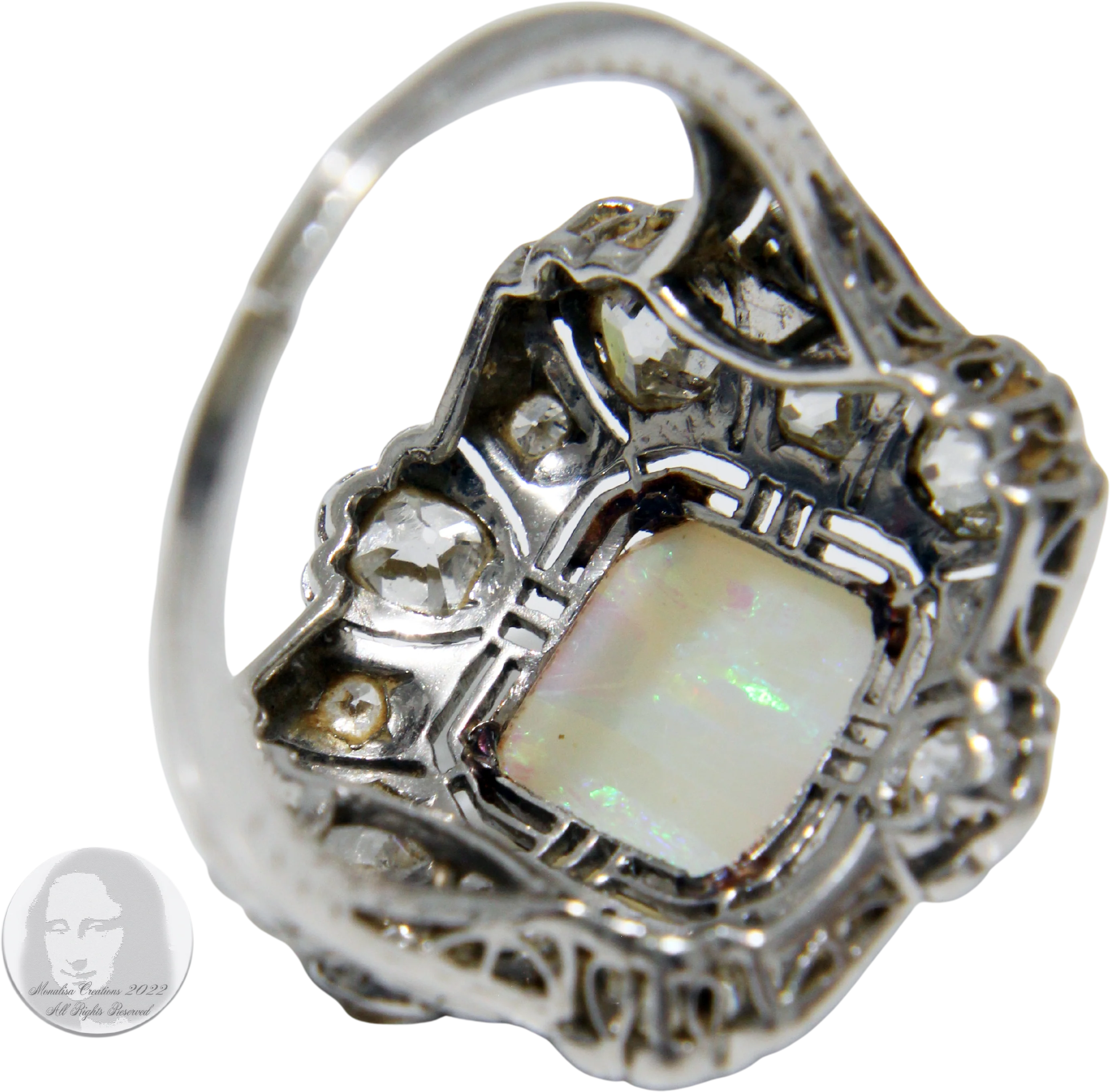 20s Art Deco Cocktail Ring Opal And Diamonds Platinum - Image 2