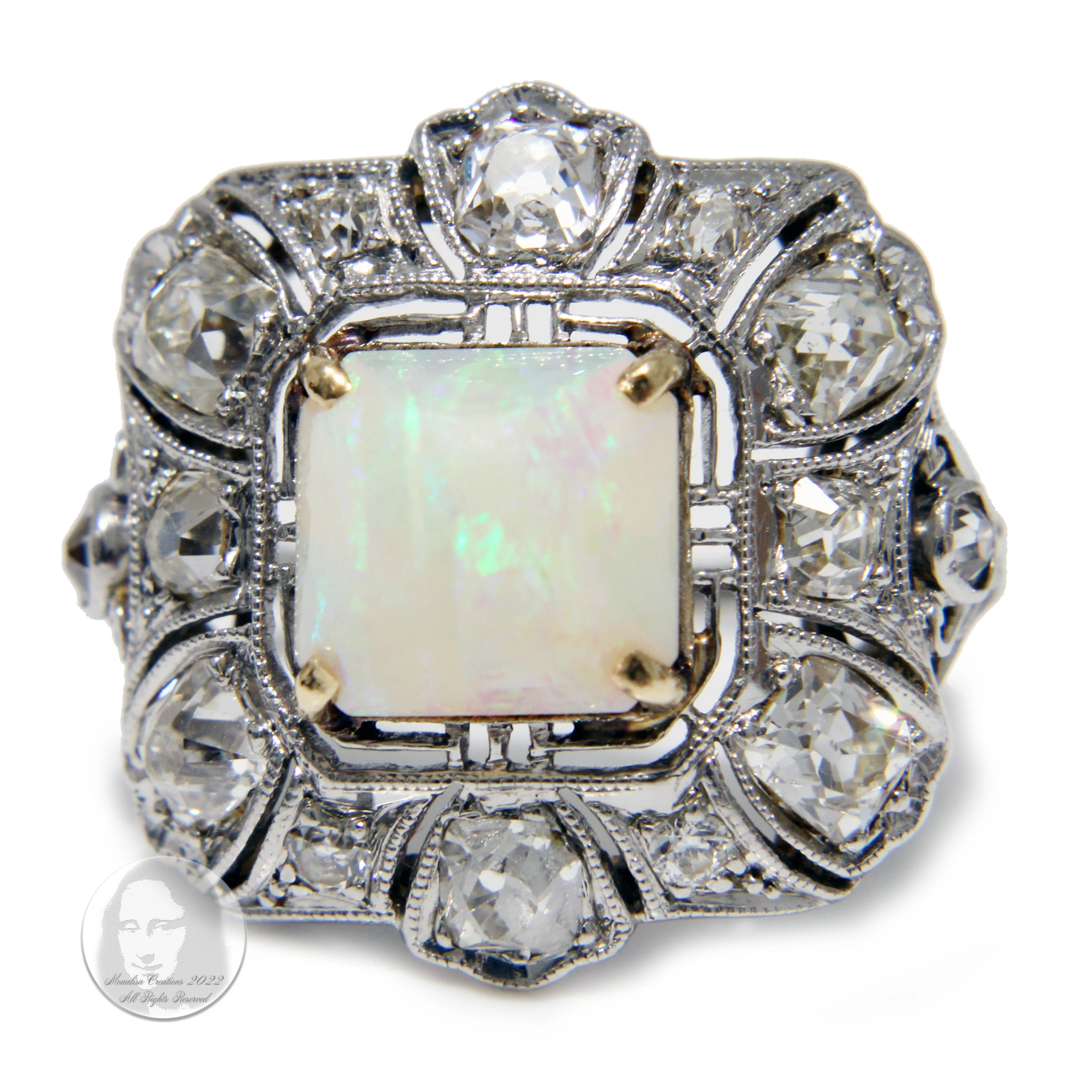 20s Art Deco Cocktail Ring Opal And Diamonds Platinum - Image 4