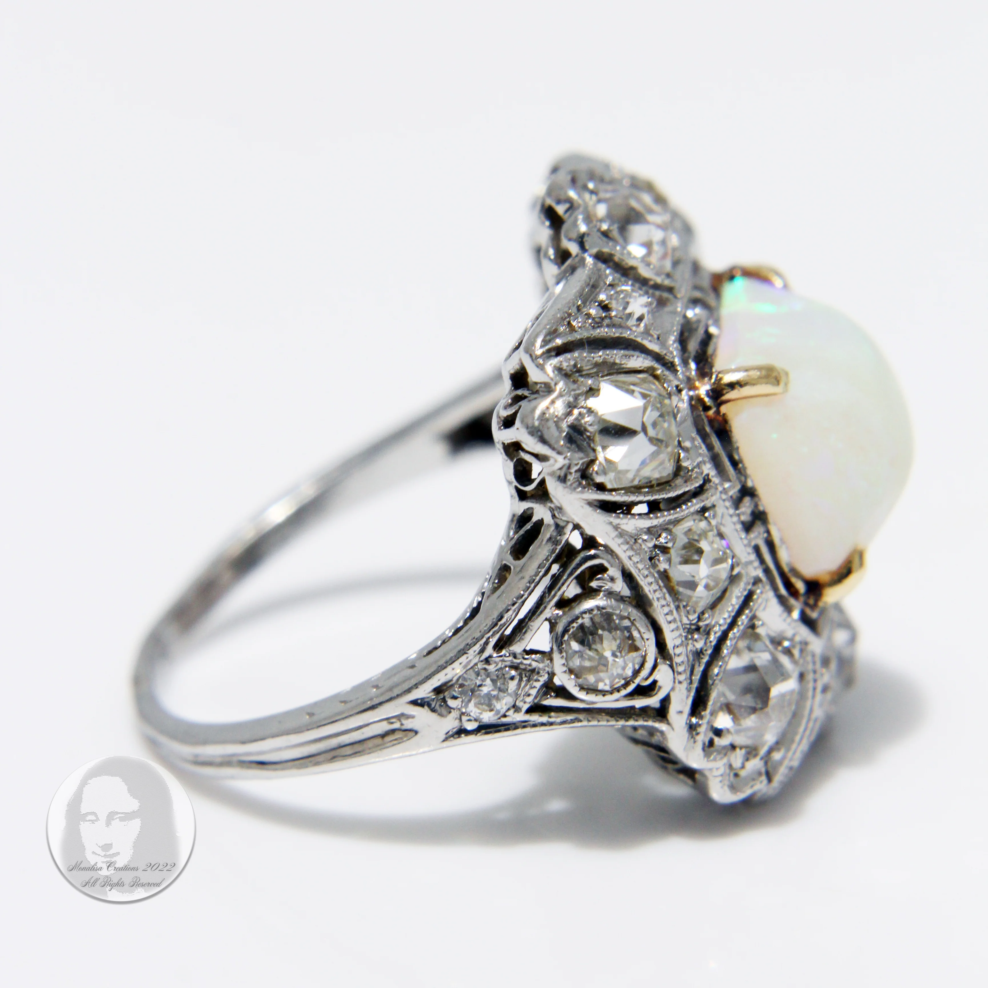 20s Art Deco Cocktail Ring Opal And Diamonds Platinum - Image 7