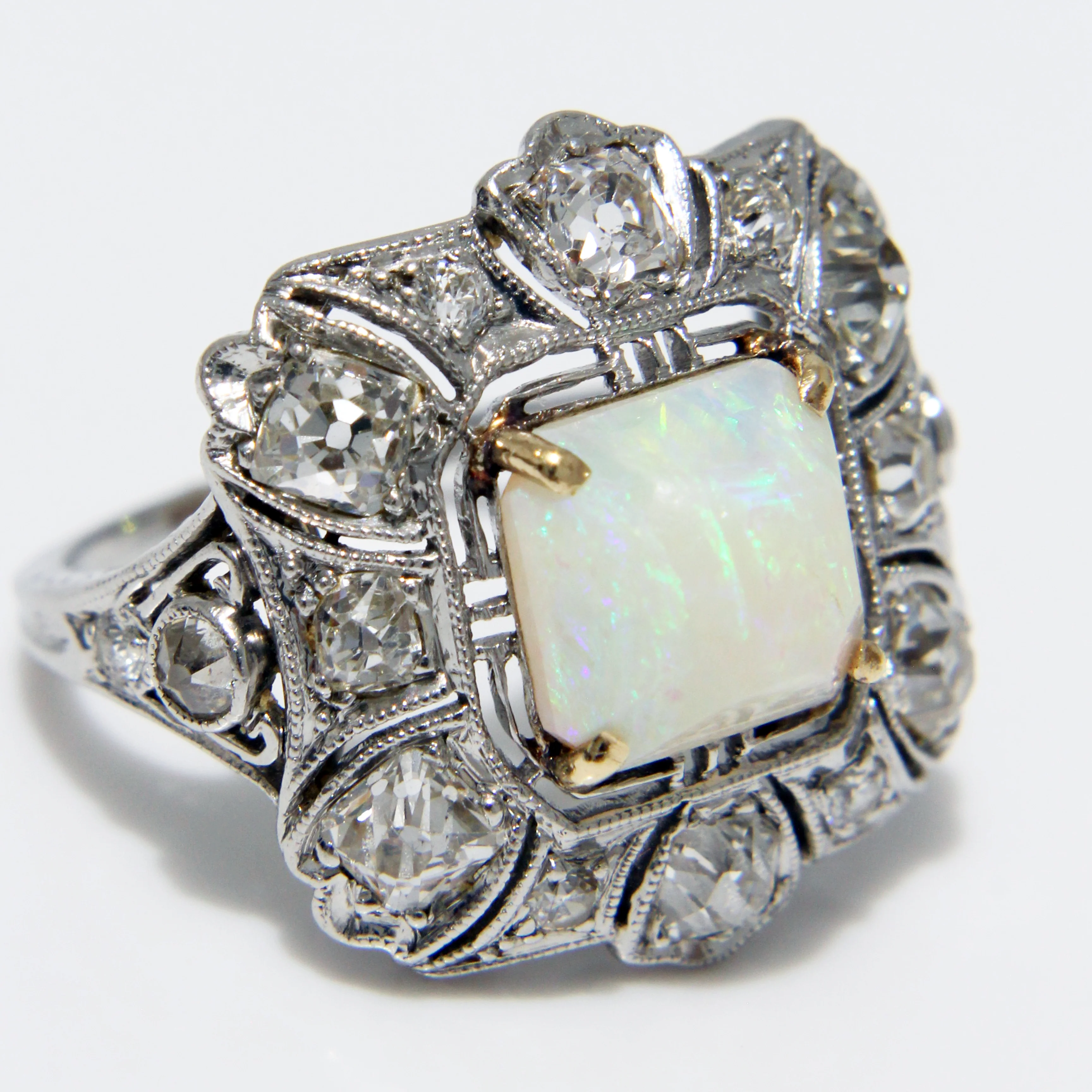20s Art Deco Cocktail Ring Opal And Diamonds Platinum - Image 9
