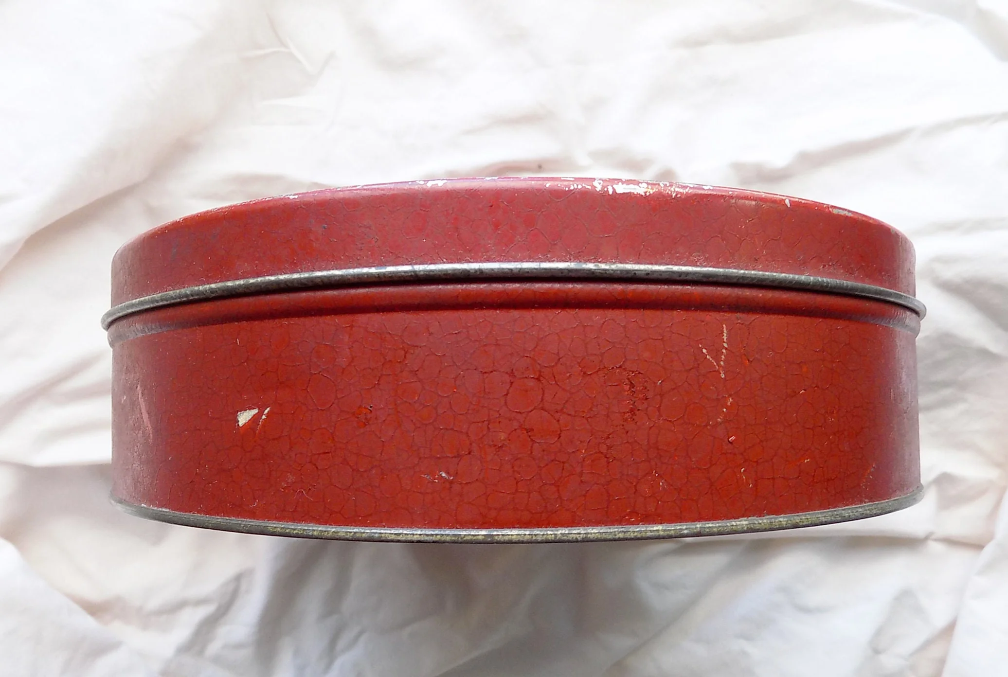 20s Art Deco Cookie Tin with Old Sailing Vessel In Full Sail Against a Setting Sun Dark Redgold Detail No I. D. Marks - Image 2