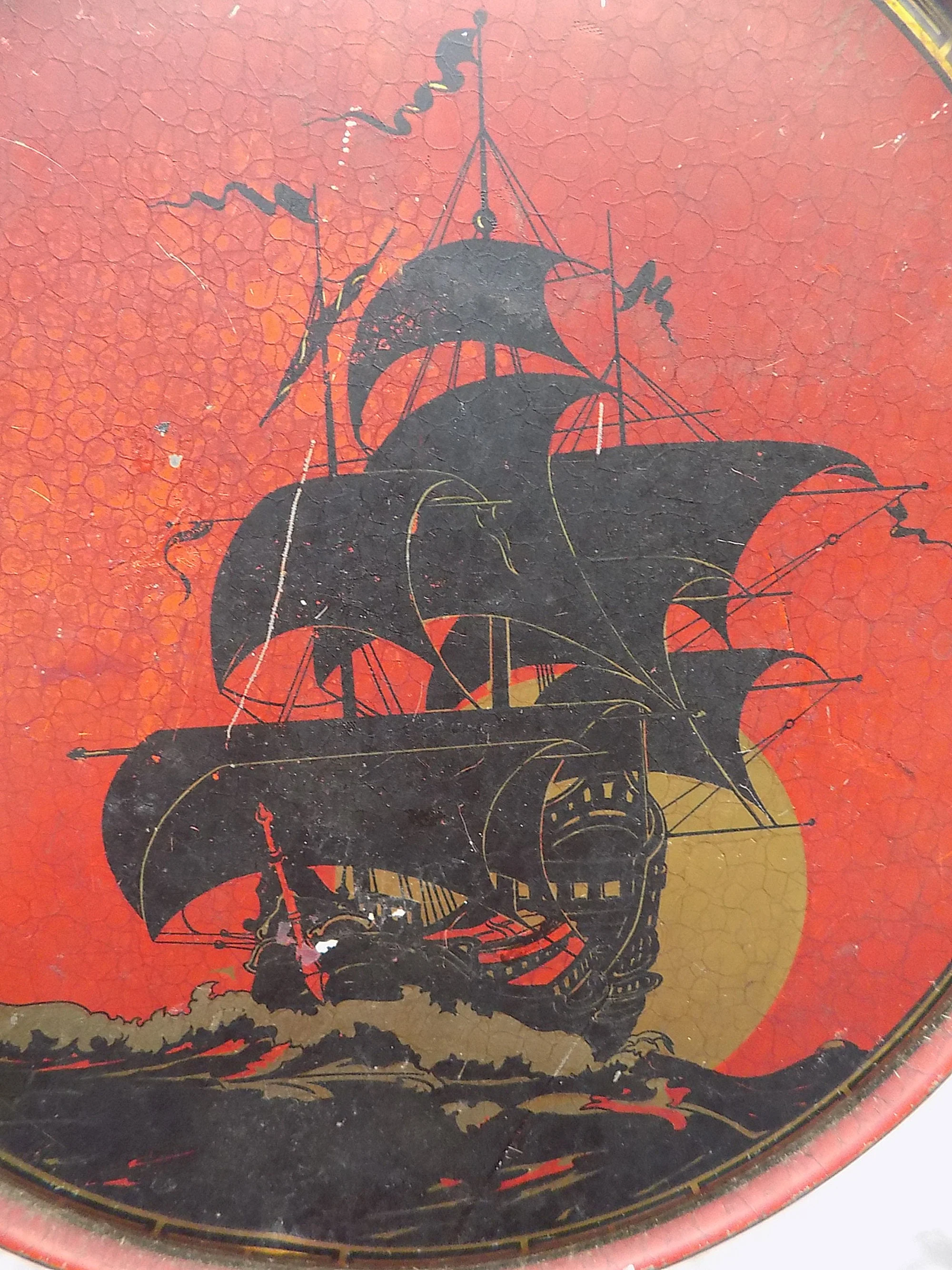 20s Art Deco Cookie Tin with Old Sailing Vessel In Full Sail Against a Setting Sun Dark Redgold Detail No I. D. Marks - Image 6
