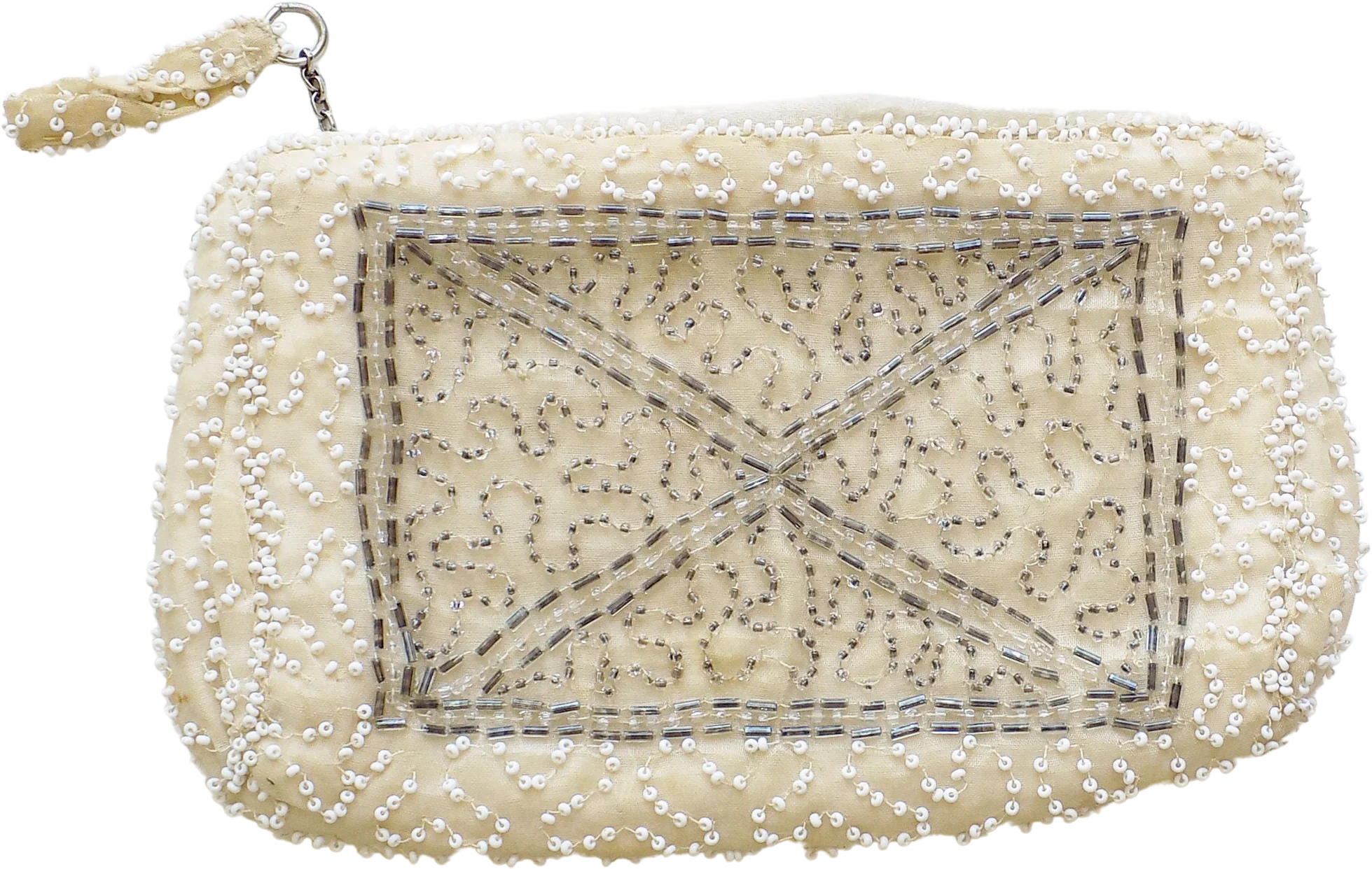 20s Beaded Clutch Purse with Zipper Closure and and Beaded Pull Tab On Chain Lined In Ivory Satin Minor Bead Loss White and Silver