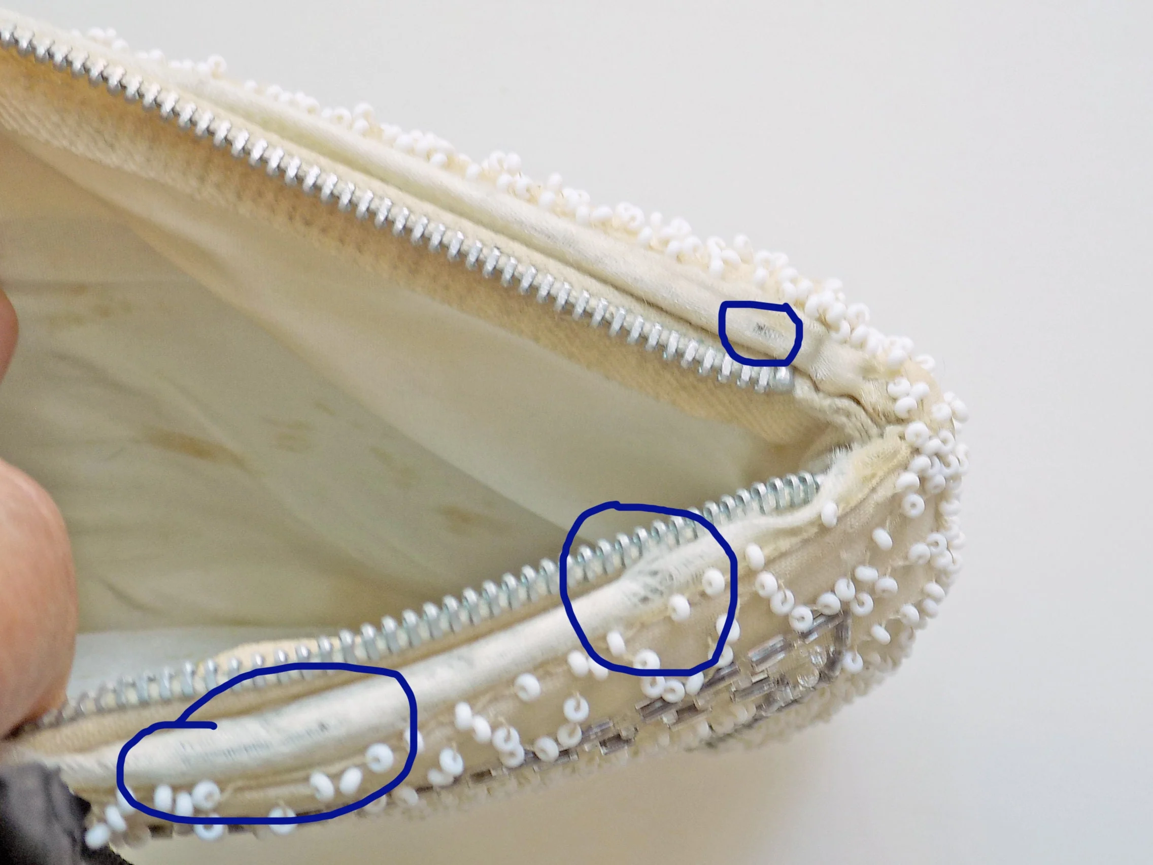 20s Beaded Clutch Purse with Zipper Closure and and Beaded Pull Tab On Chain Lined In Ivory Satin Minor Bead Loss White and Silver - Image 2