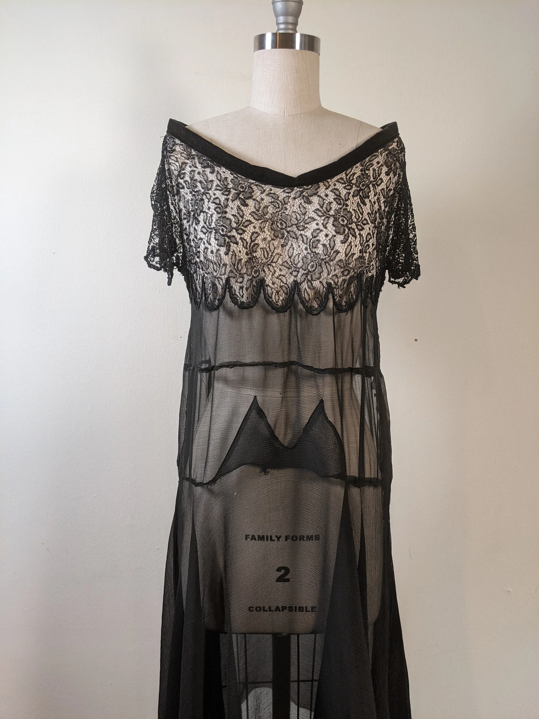 20s Black Silk Chiffon Lace Dress Antique Vintage Sheer Witchy Dress - Image 2