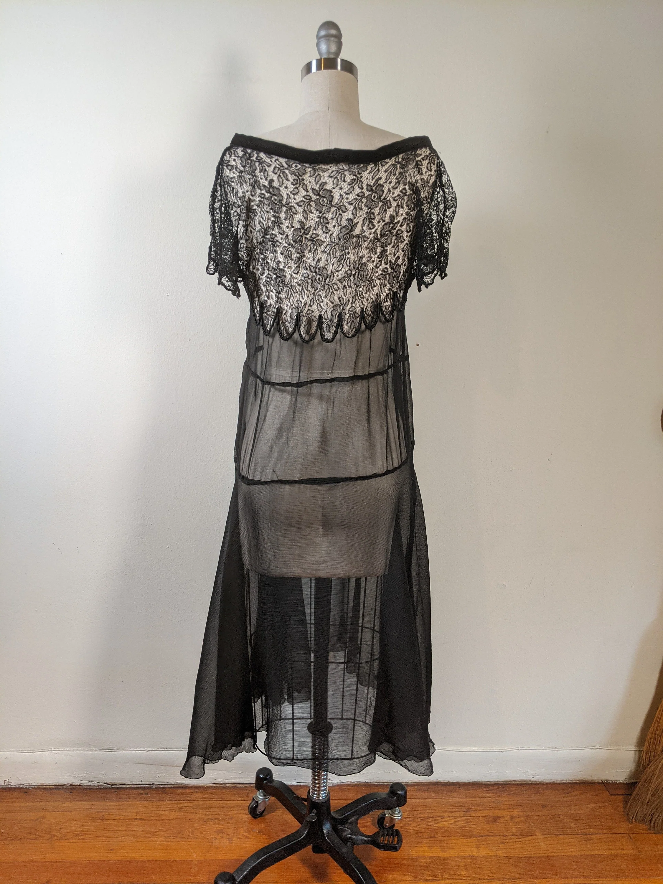 20s Black Silk Chiffon Lace Dress Antique Vintage Sheer Witchy Dress - Image 4