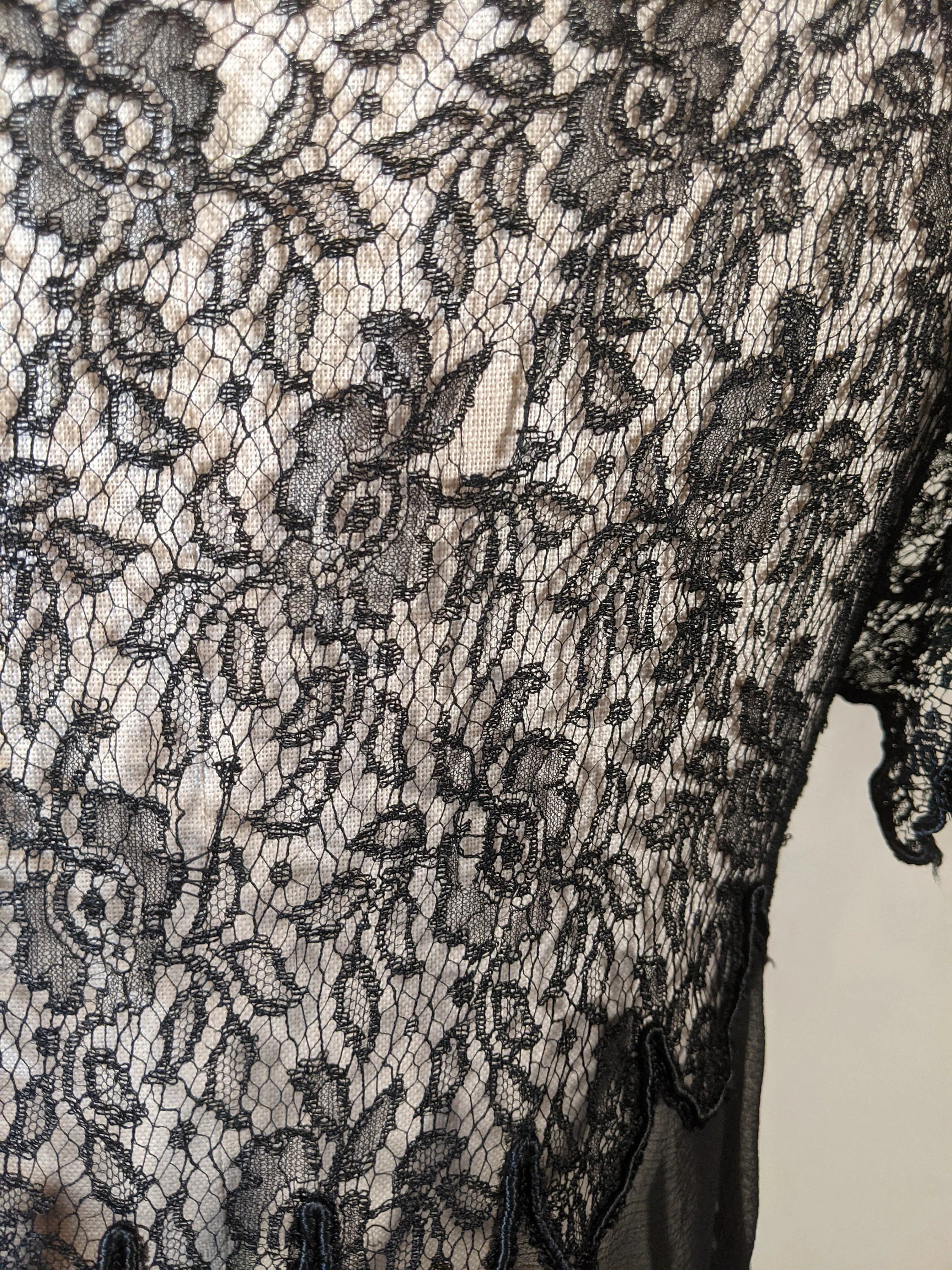 20s Black Silk Chiffon Lace Dress Antique Vintage Sheer Witchy Dress - Image 5