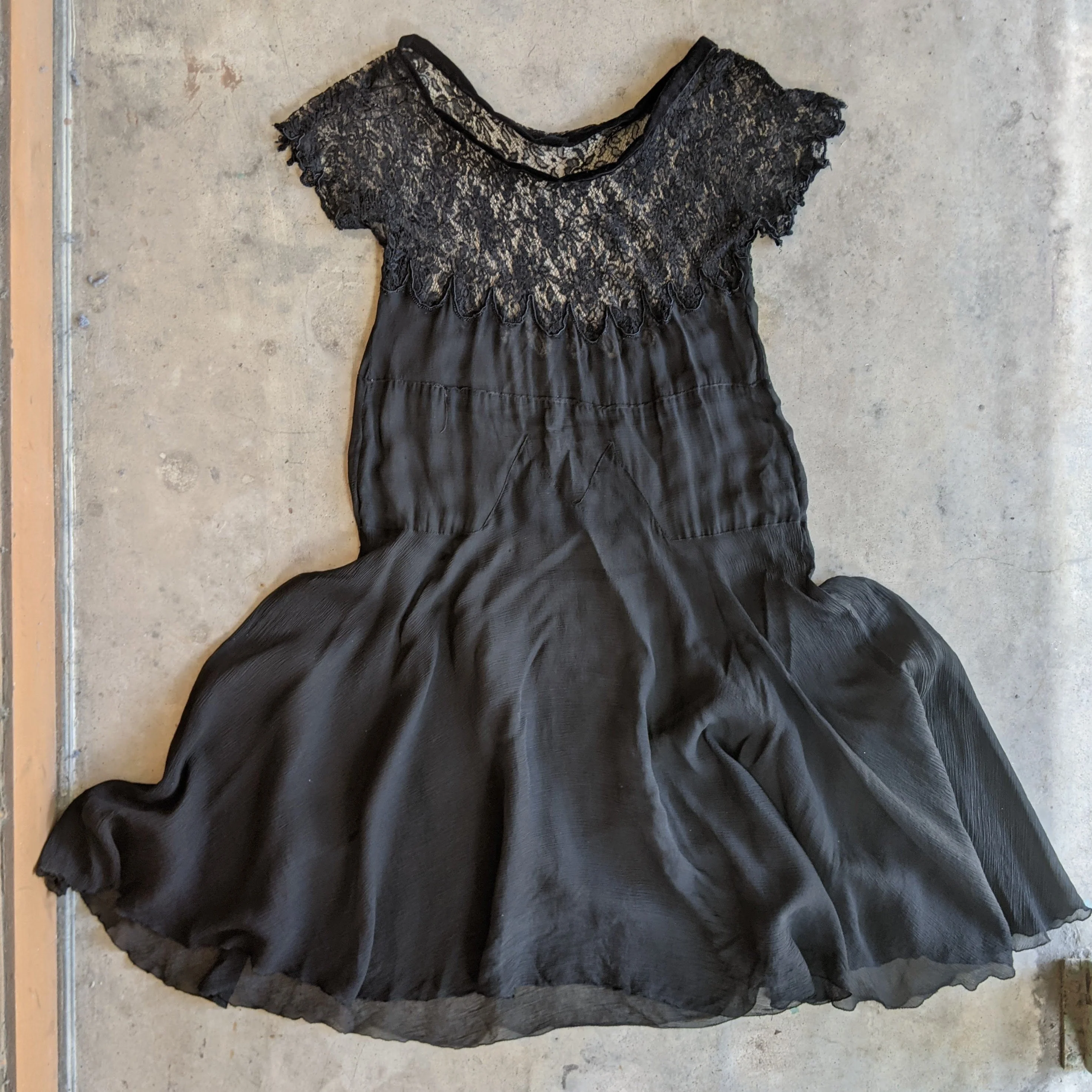 20s Black Silk Chiffon Lace Dress Antique Vintage Sheer Witchy Dress - Image 9