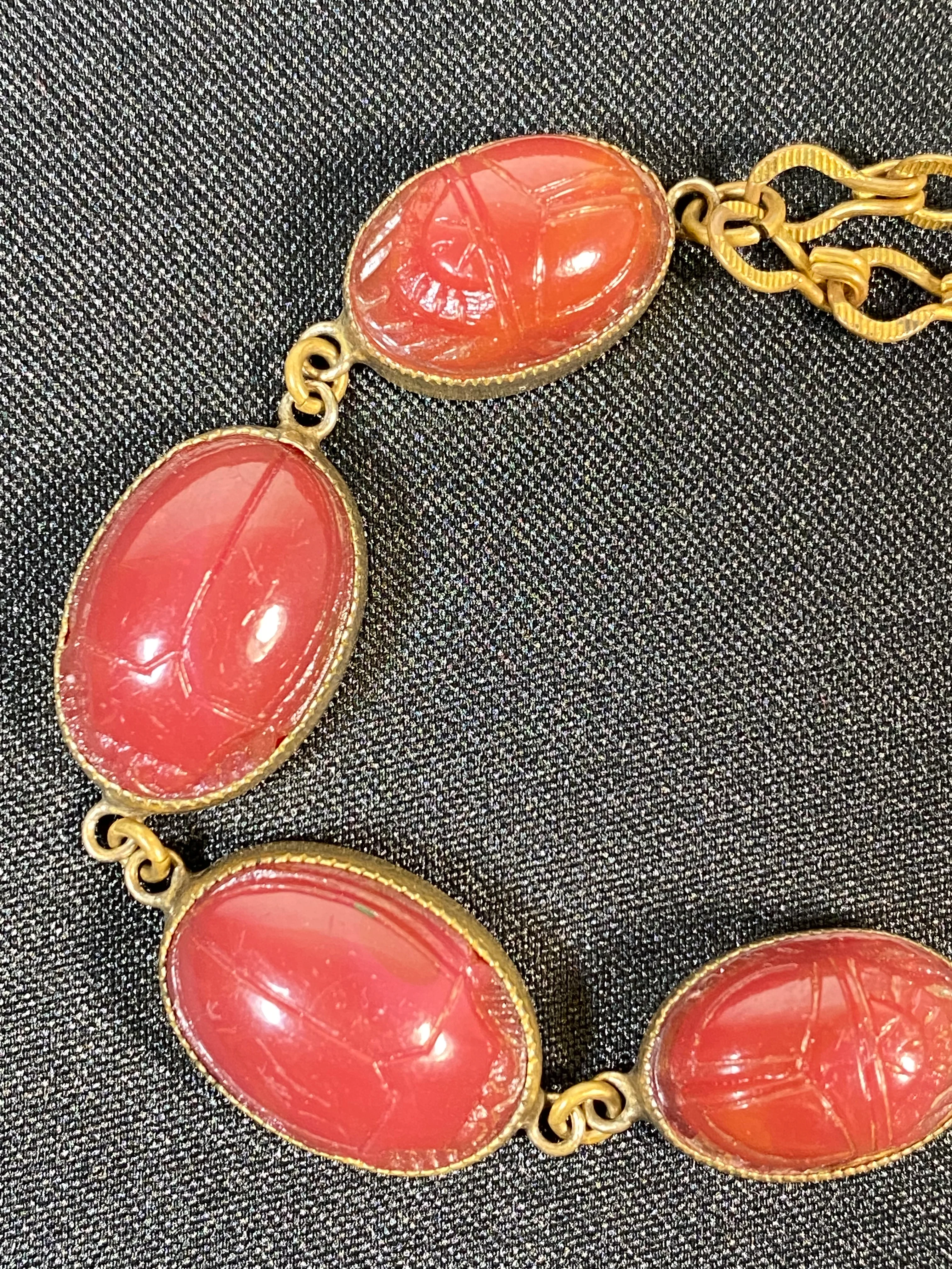 20s Carnelian Red Glass Scarab Chain Link Bracelet - Image 4