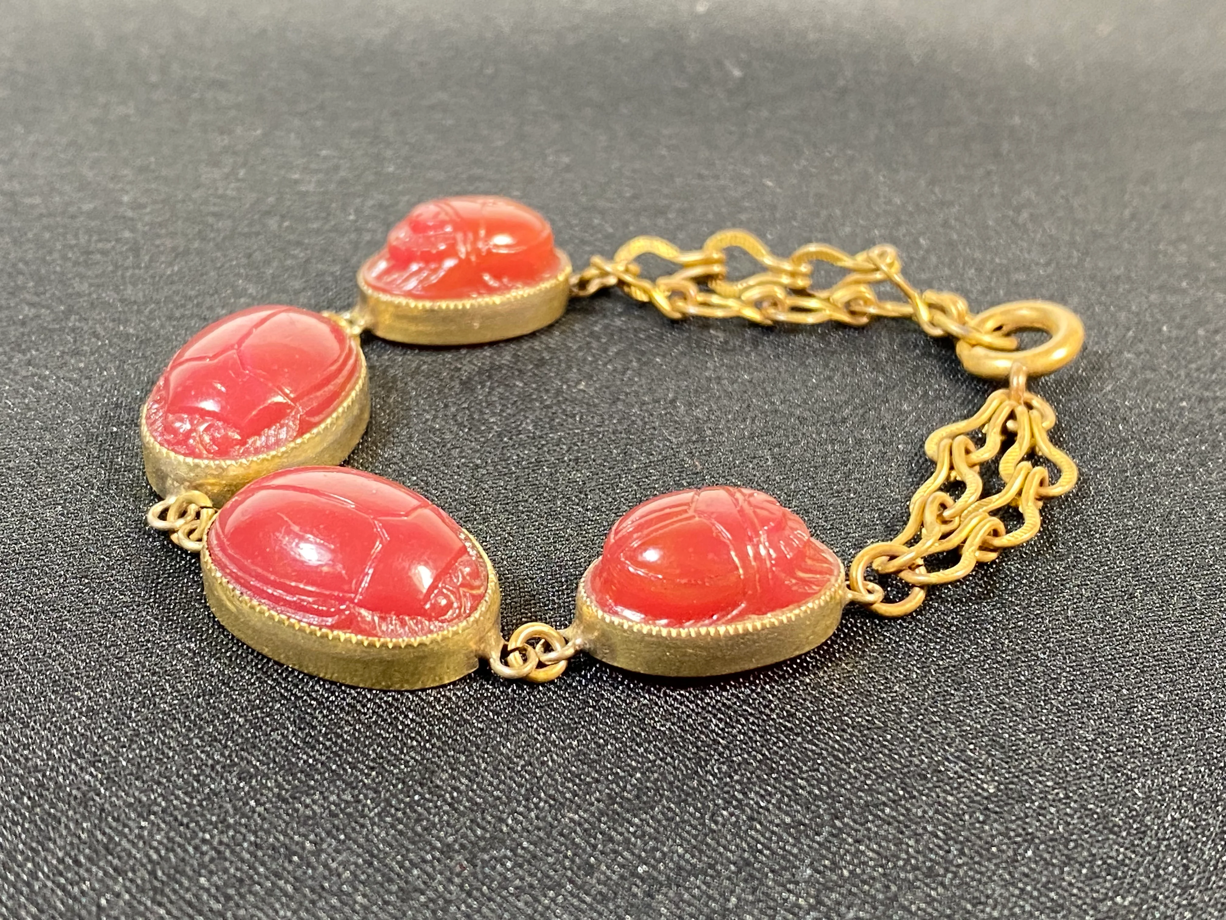 20s Carnelian Red Glass Scarab Chain Link Bracelet - Image 5