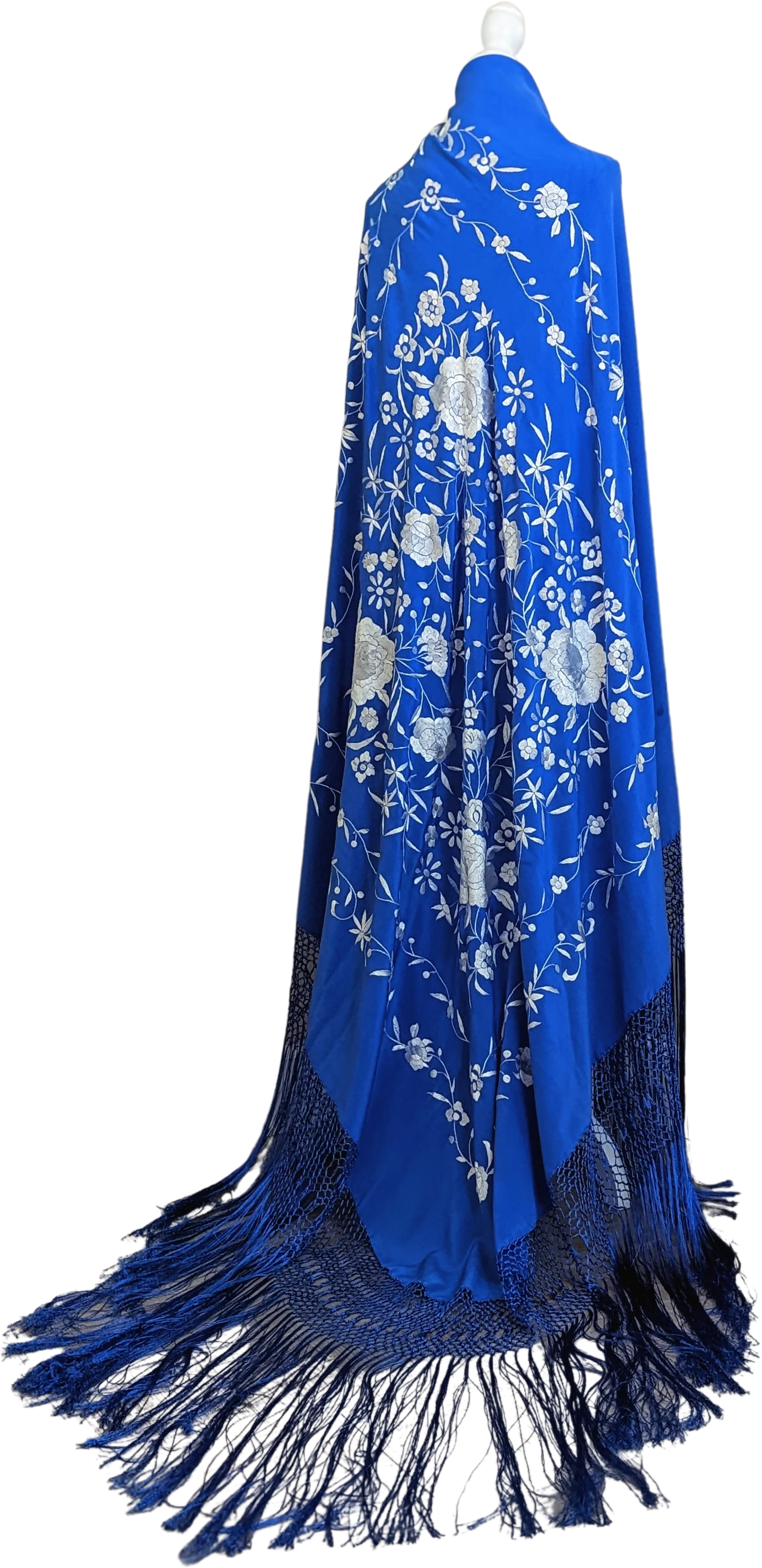 20s Extra Large Deep Blue and Silver Silk Piano Shawl Hand Embroidered with Hand Knotted Macrame Fringe