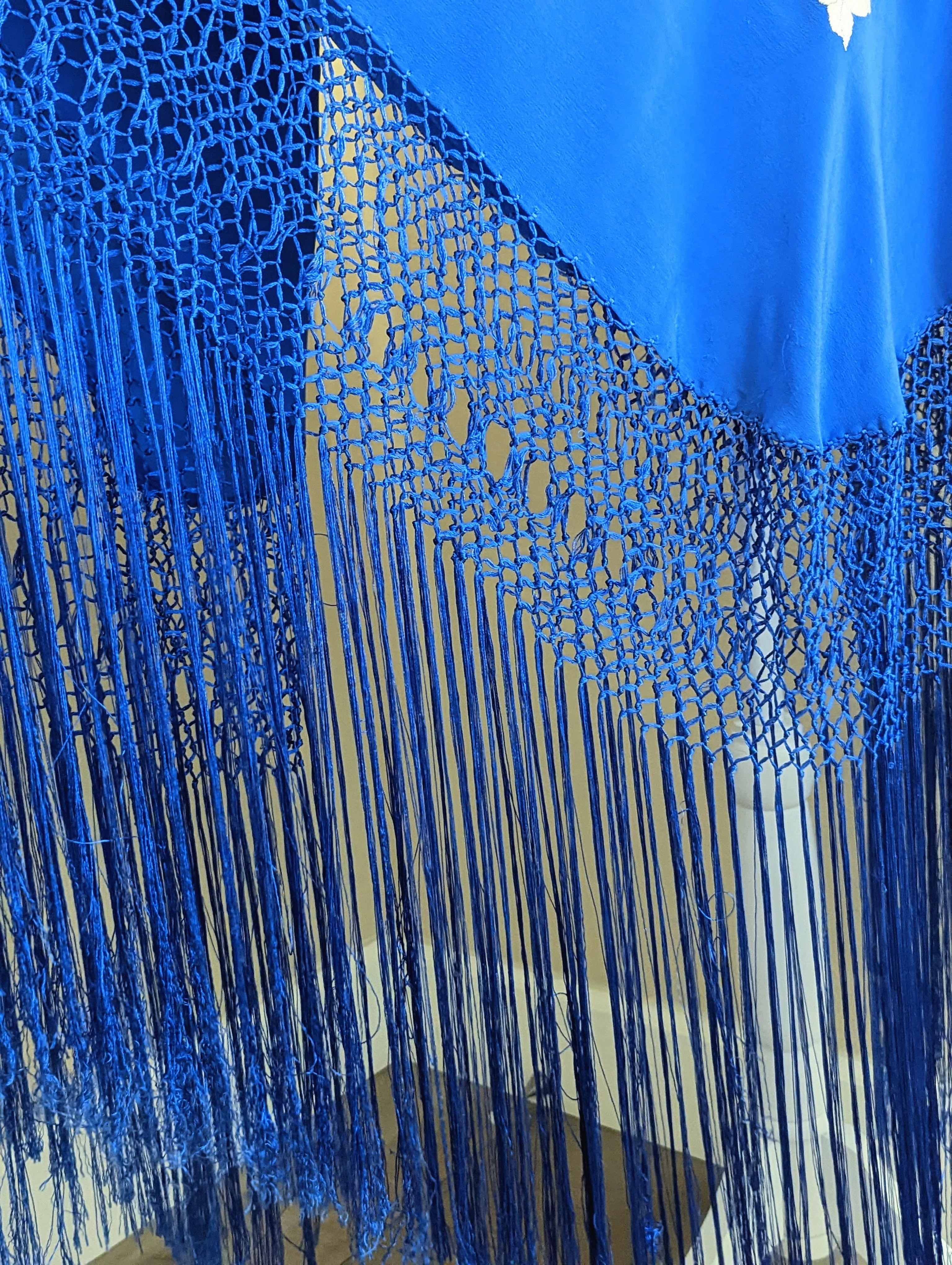 20s Extra Large Deep Blue and Silver Silk Piano Shawl Hand Embroidered with Hand Knotted Macrame Fringe - Image 6