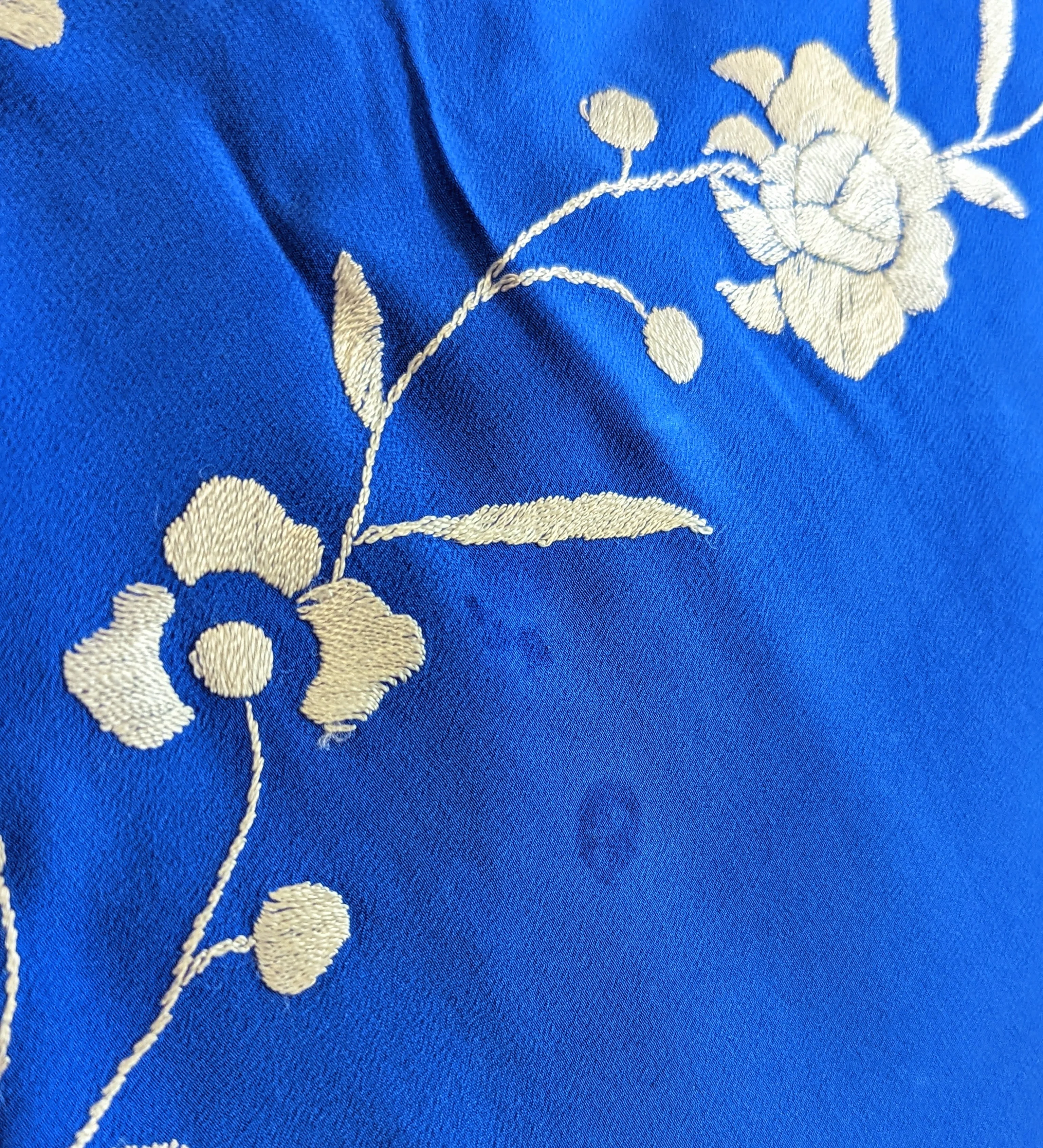 20s Extra Large Deep Blue and Silver Silk Piano Shawl Hand Embroidered with Hand Knotted Macrame Fringe - Image 7