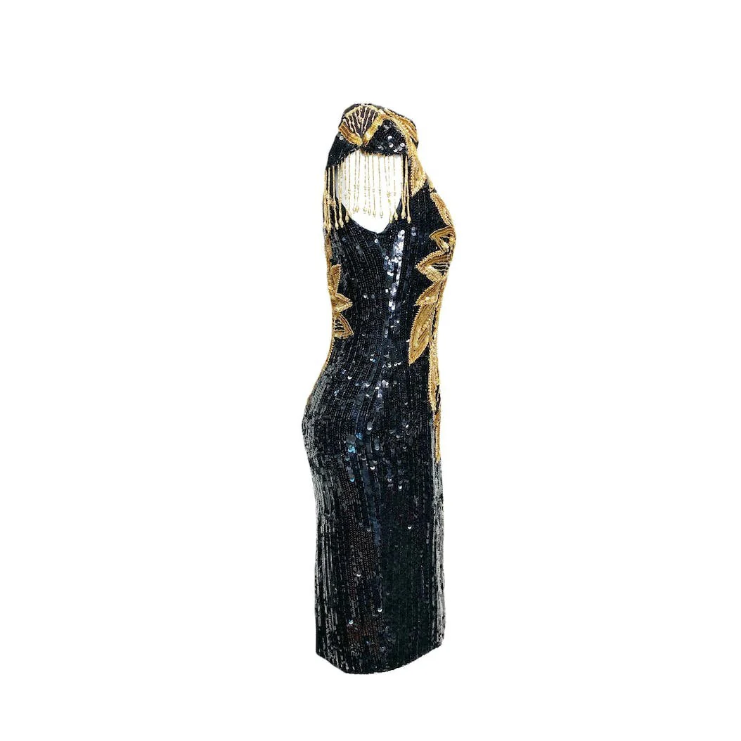 20s Gatsby Style Luxe Silk Beaded Black and Gold Cocktail Dress - Image 2