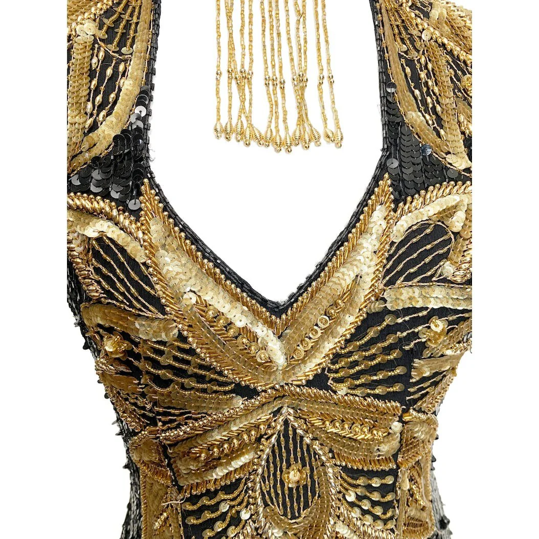 20s Gatsby Style Luxe Silk Beaded Black and Gold Cocktail Dress - Image 3