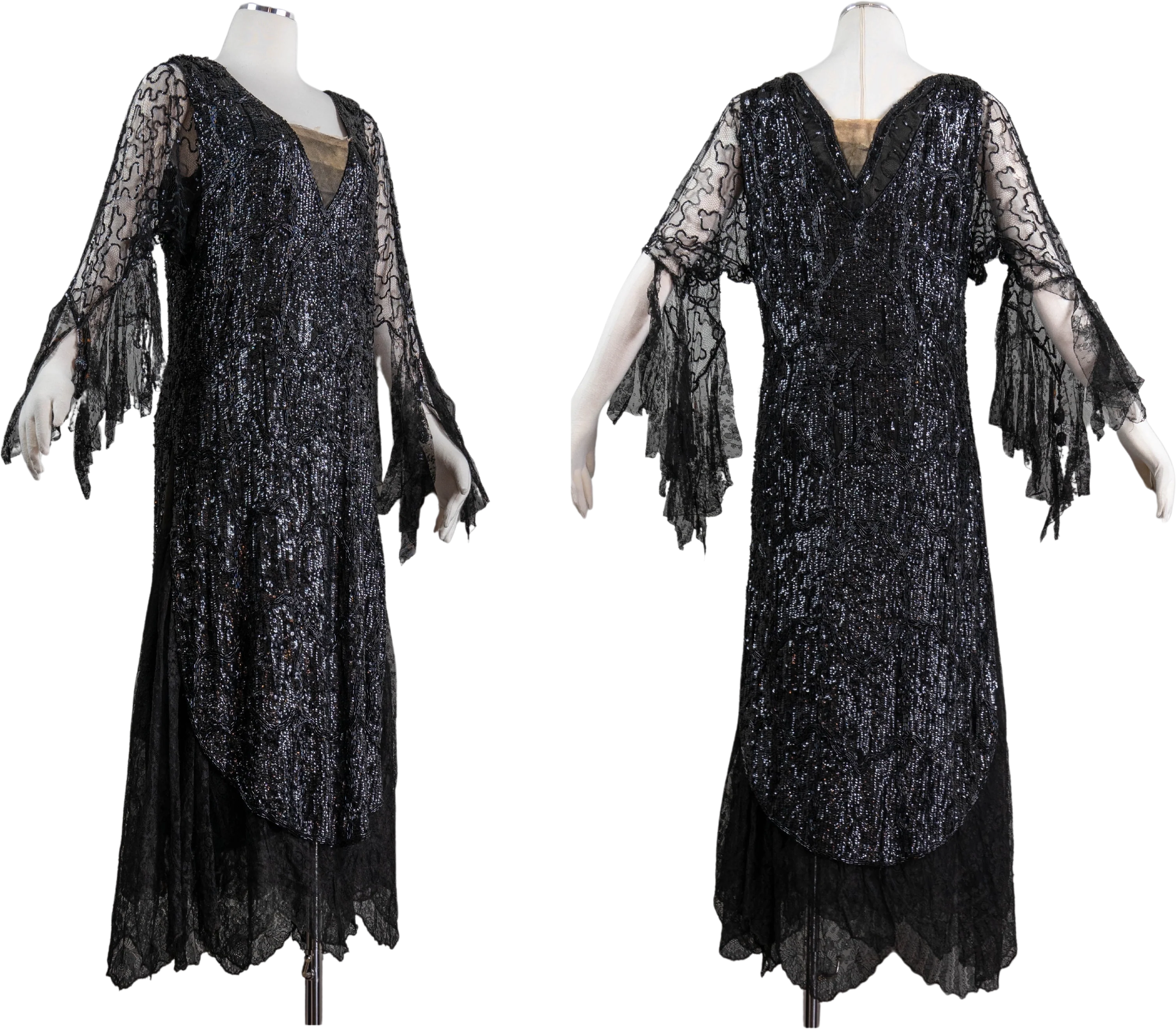 20s Glitzy Black Sequined Beaded Lace Gown Dramatic