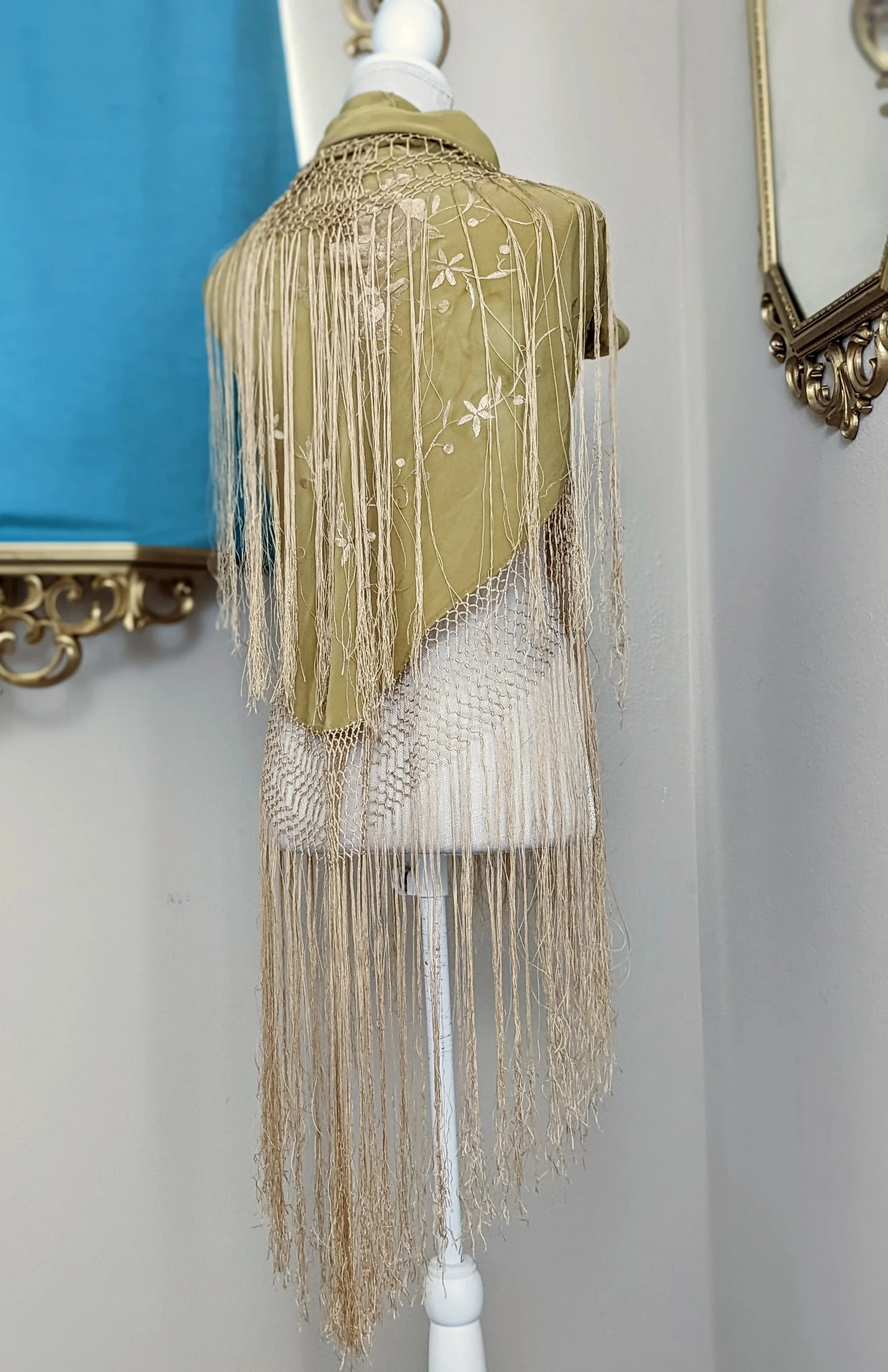 20s Gold On Gold Peony Floral Silk Wrap Piano Shawl On Golden Background Hand Embroidered with Hand Knotted Macrame Fringe - Image 6