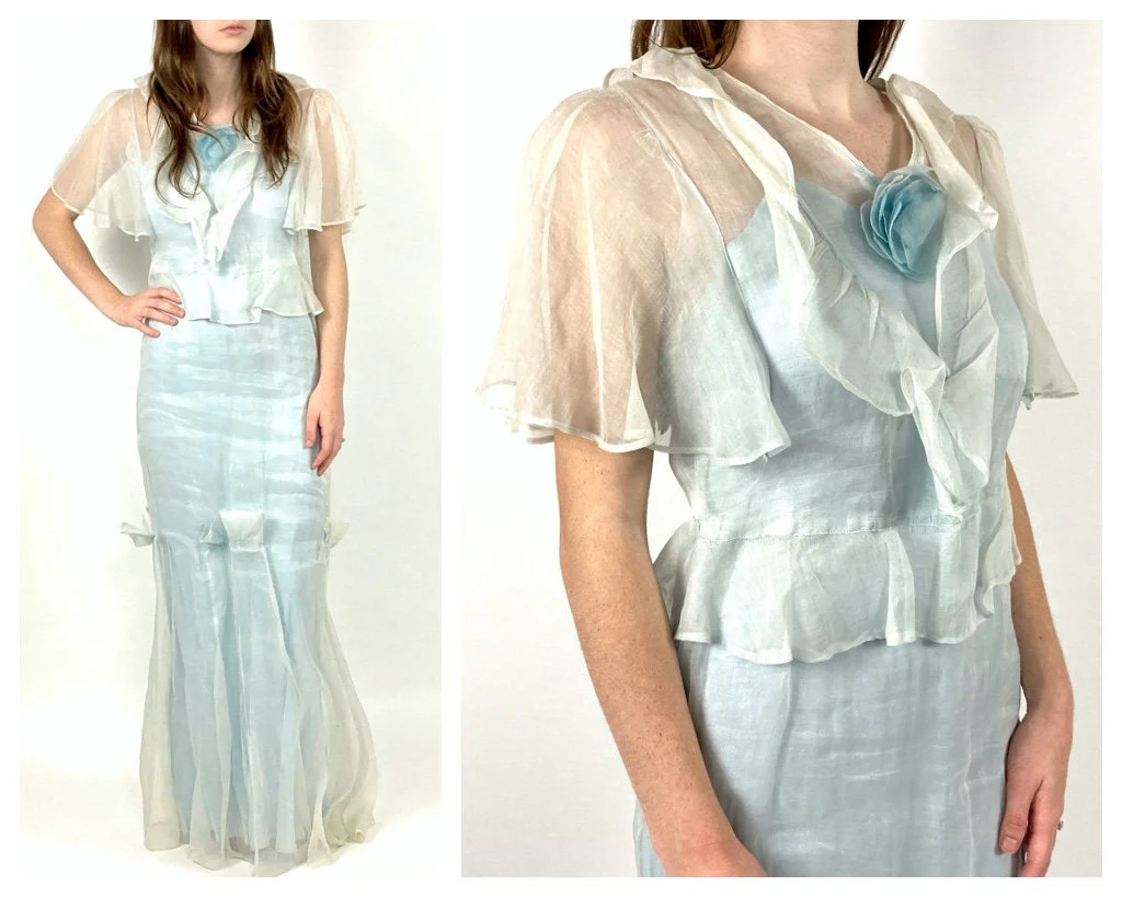 20s Icy Blue Sheer Slip Maxi Dress White Floral Long Goddess Dress Flutter Sleeve Ethereal Art Deco Dress Vintage Organza Peplum Sundress - Image 2