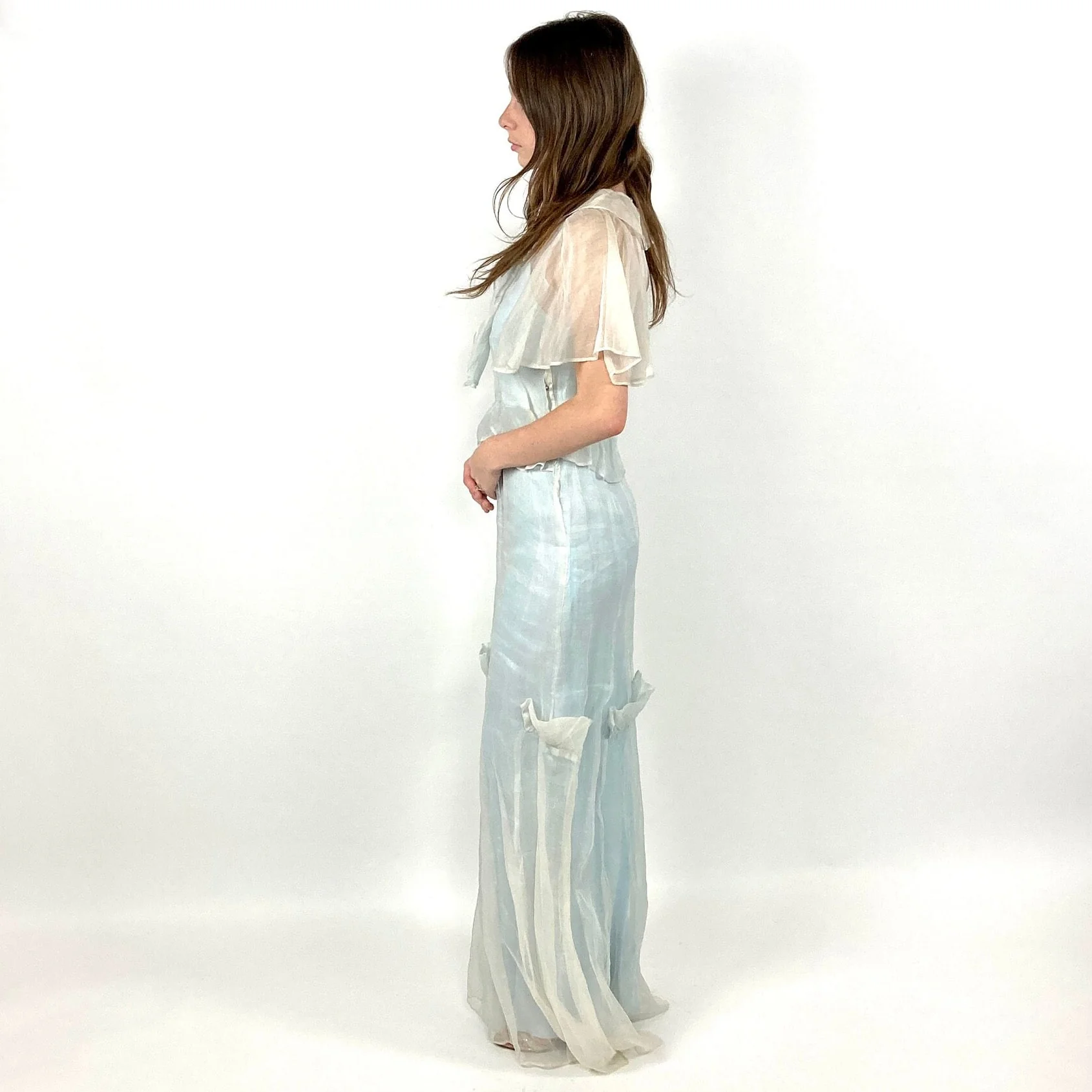 20s Icy Blue Sheer Slip Maxi Dress White Floral Long Goddess Dress Flutter Sleeve Ethereal Art Deco Dress Vintage Organza Peplum Sundress - Image 3