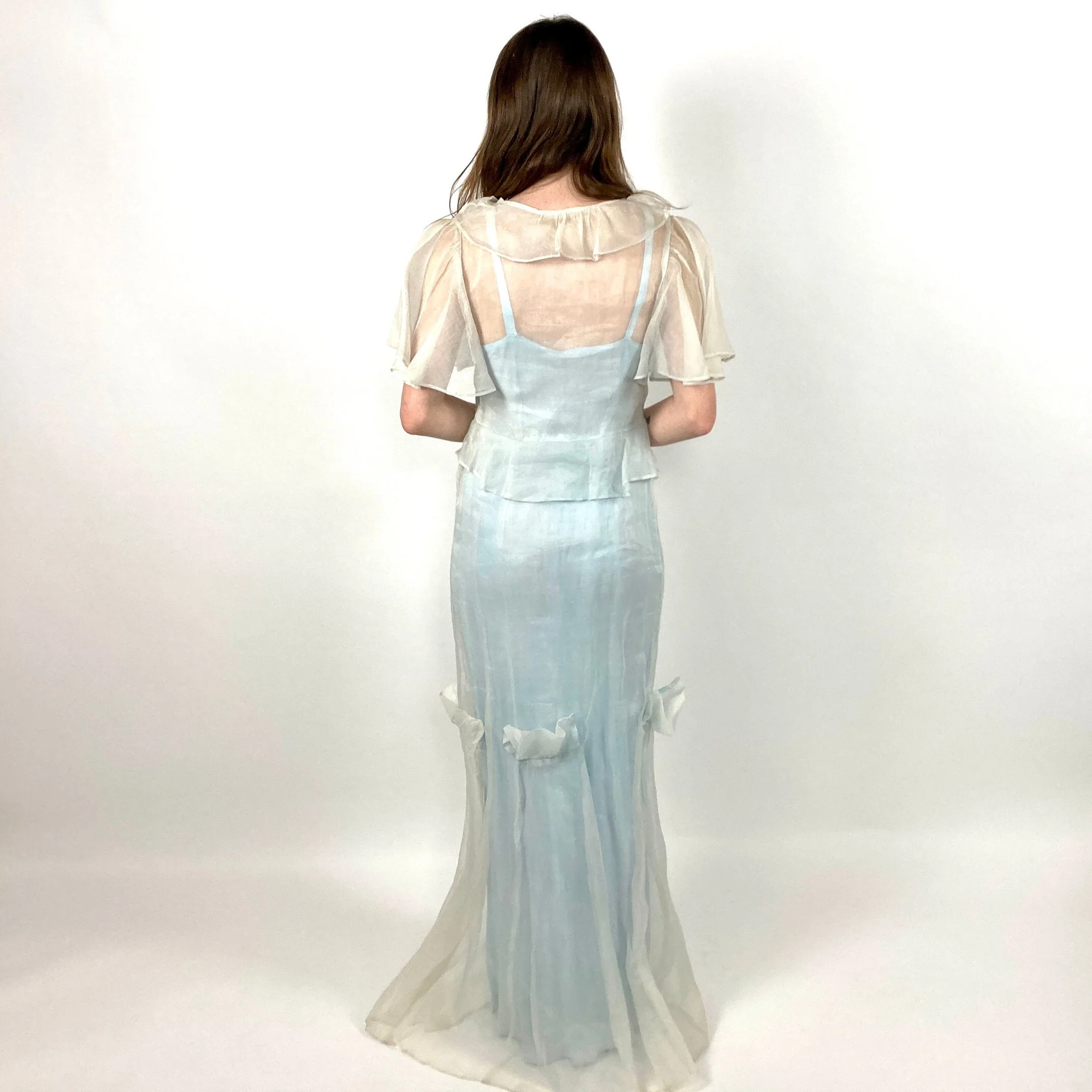 20s Icy Blue Sheer Slip Maxi Dress White Floral Long Goddess Dress Flutter Sleeve Ethereal Art Deco Dress Vintage Organza Peplum Sundress - Image 4