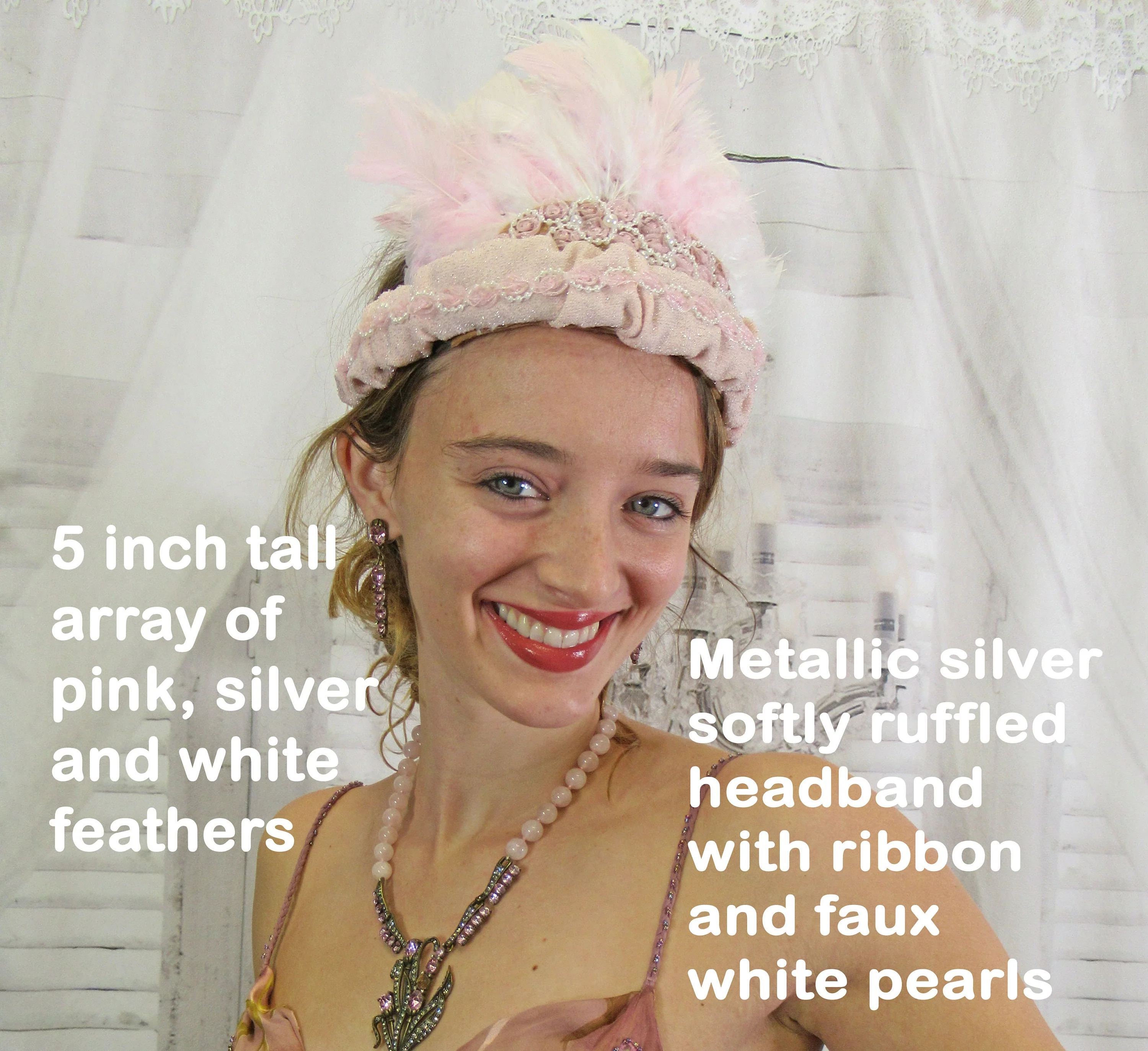 20s Inspired Headband with 5 Inch Tall Pink/silver/white Feather Array Pastel Pink Lace and Faux White Pearl Trim On Band Flapper Style - Image 2