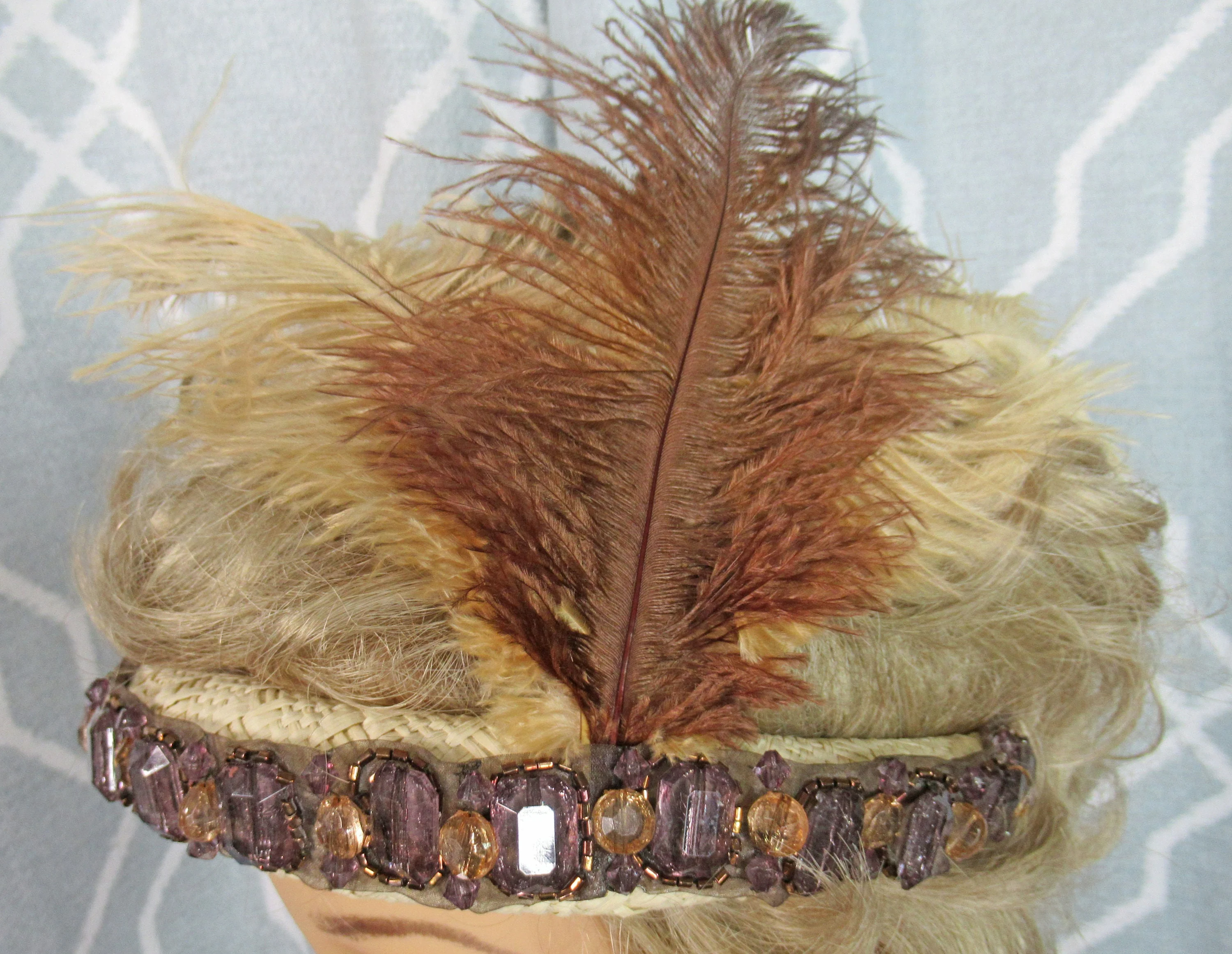 20s Inspired Headband with Feathers Beige and Brown Fluffy 7 Tall Feathers Beads Wear Flapper Or Classic Headband Style - Image 2