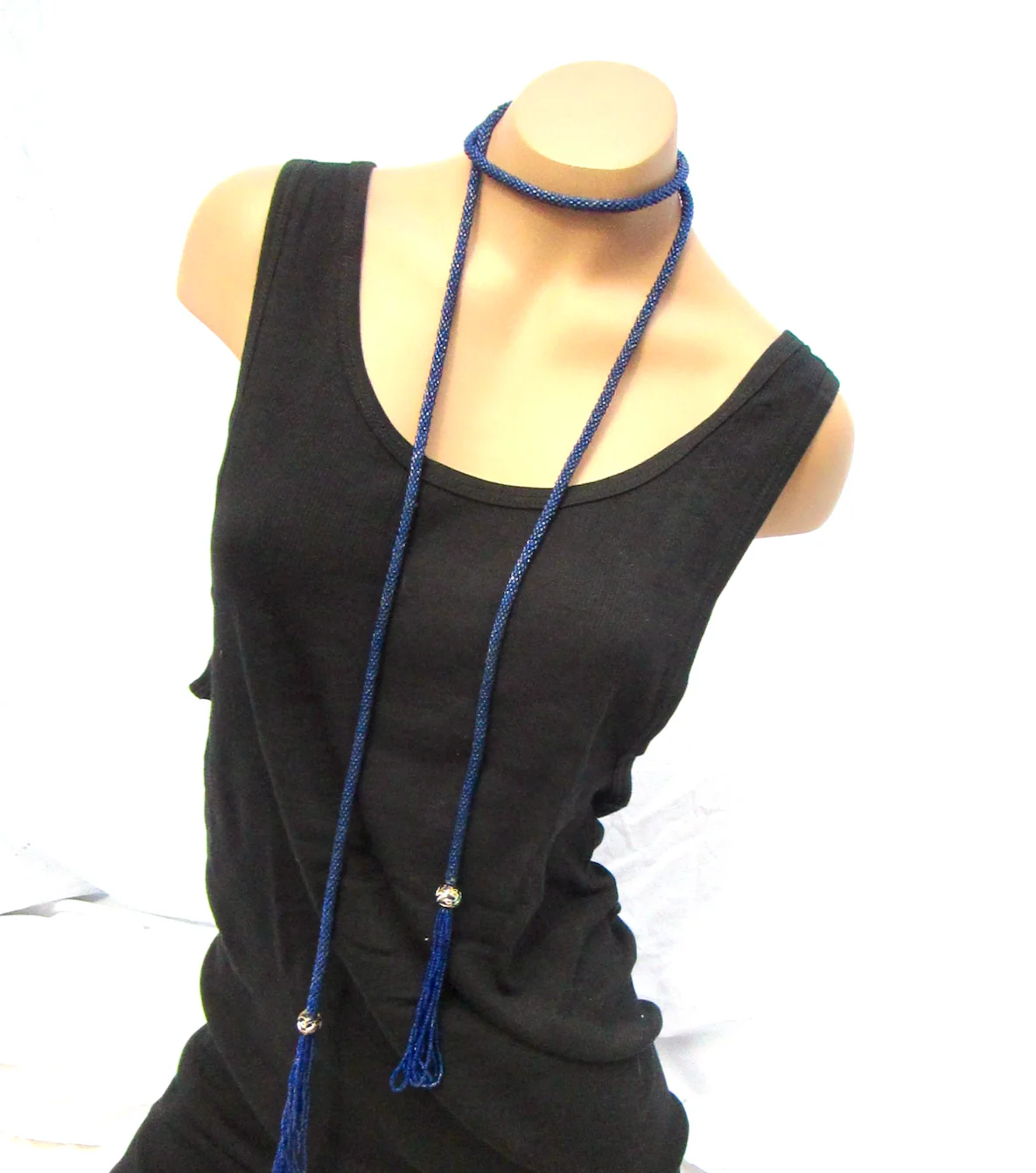 20s Midnight Blue Flapper Lariat Necklace Micro Beads - Image 7