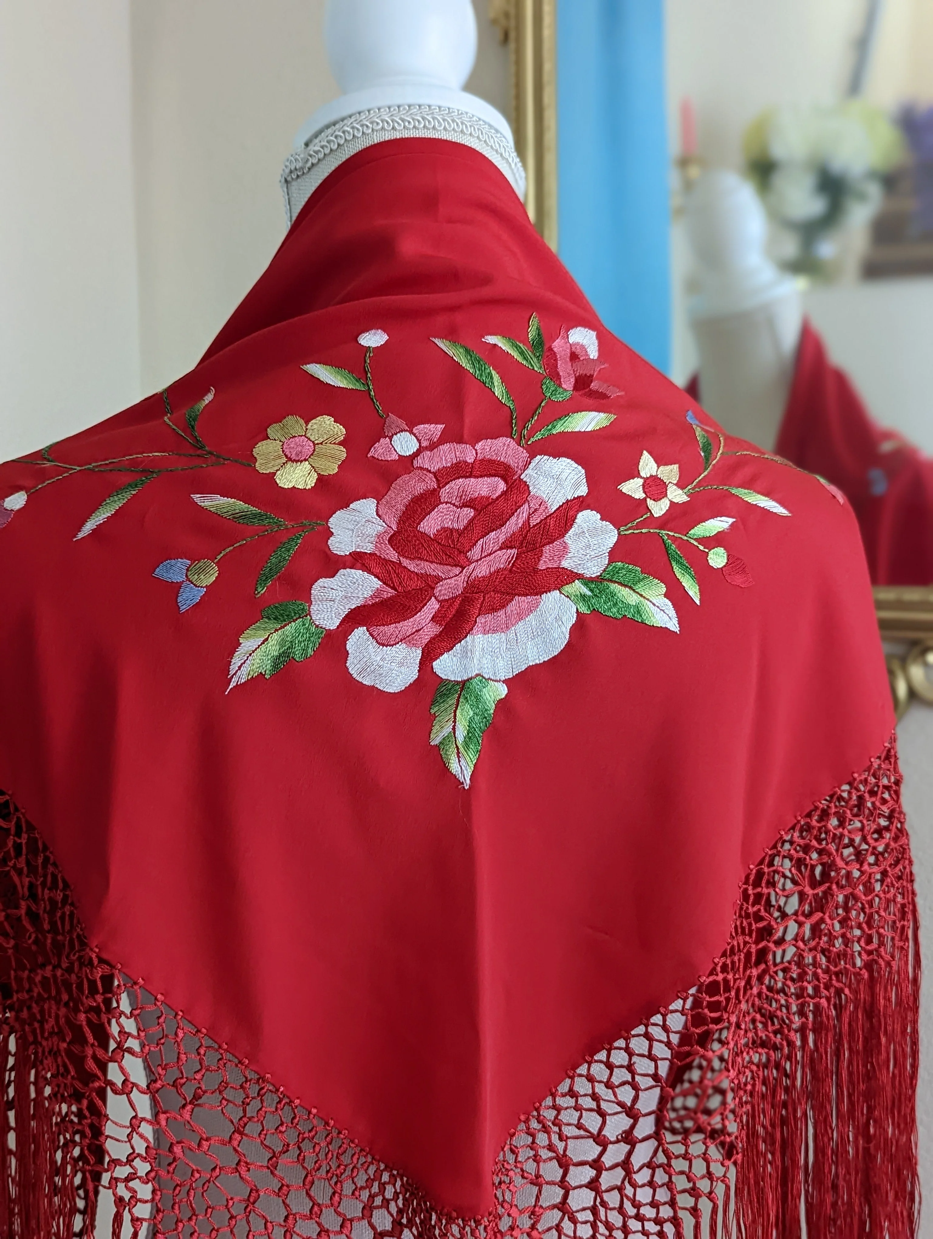 20s Pink and Yellow Rose and Wildflower Silk Wrap Piano Shawl On Red Background Hand Embroidered with Hand Knotted Macrame Fringe - Image 4