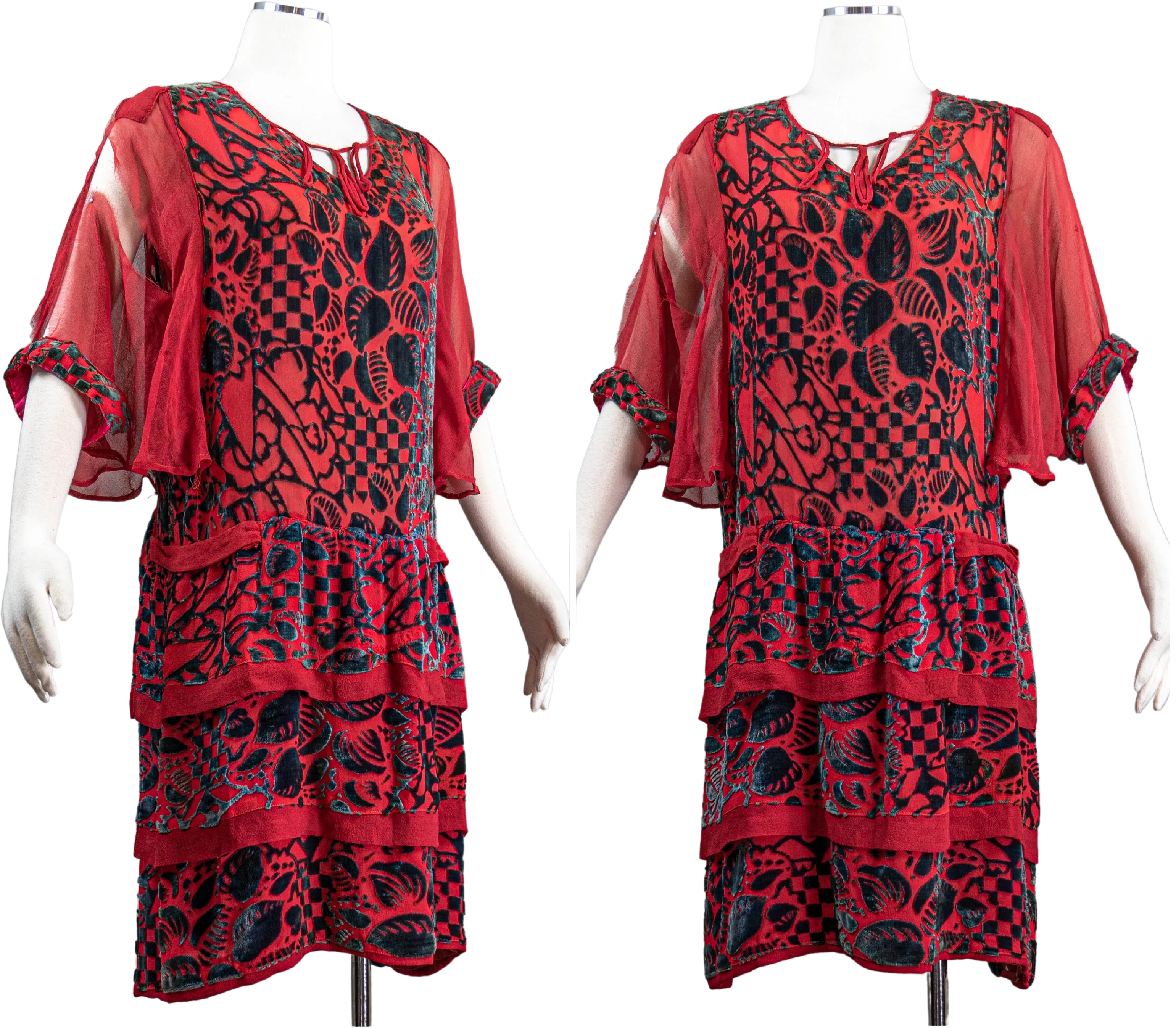 20s Red And Teal Velvet Dress Bat Wing Sleeves, As-is