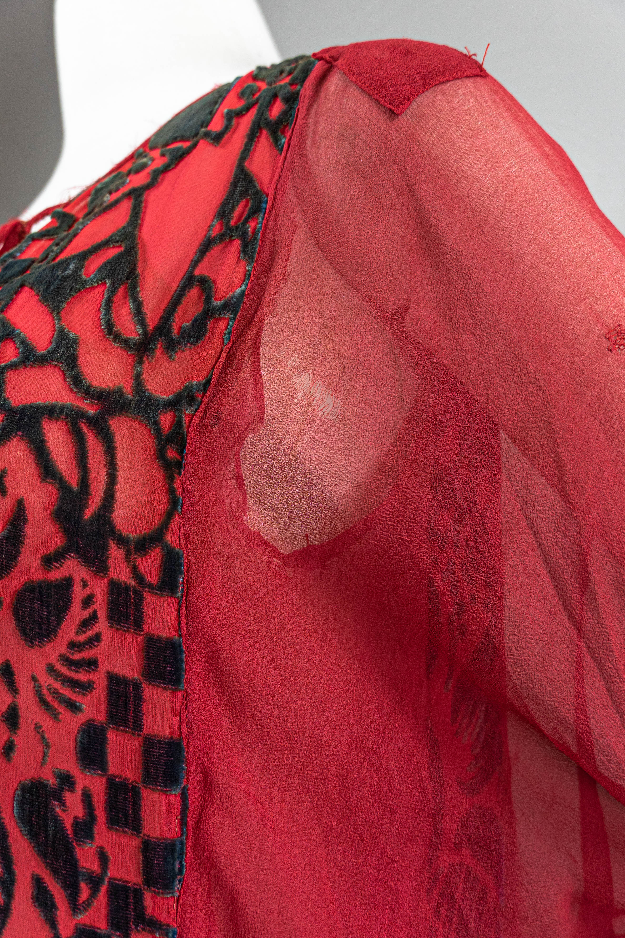 20s Red And Teal Velvet Dress Bat Wing Sleeves, As-is - Image 12