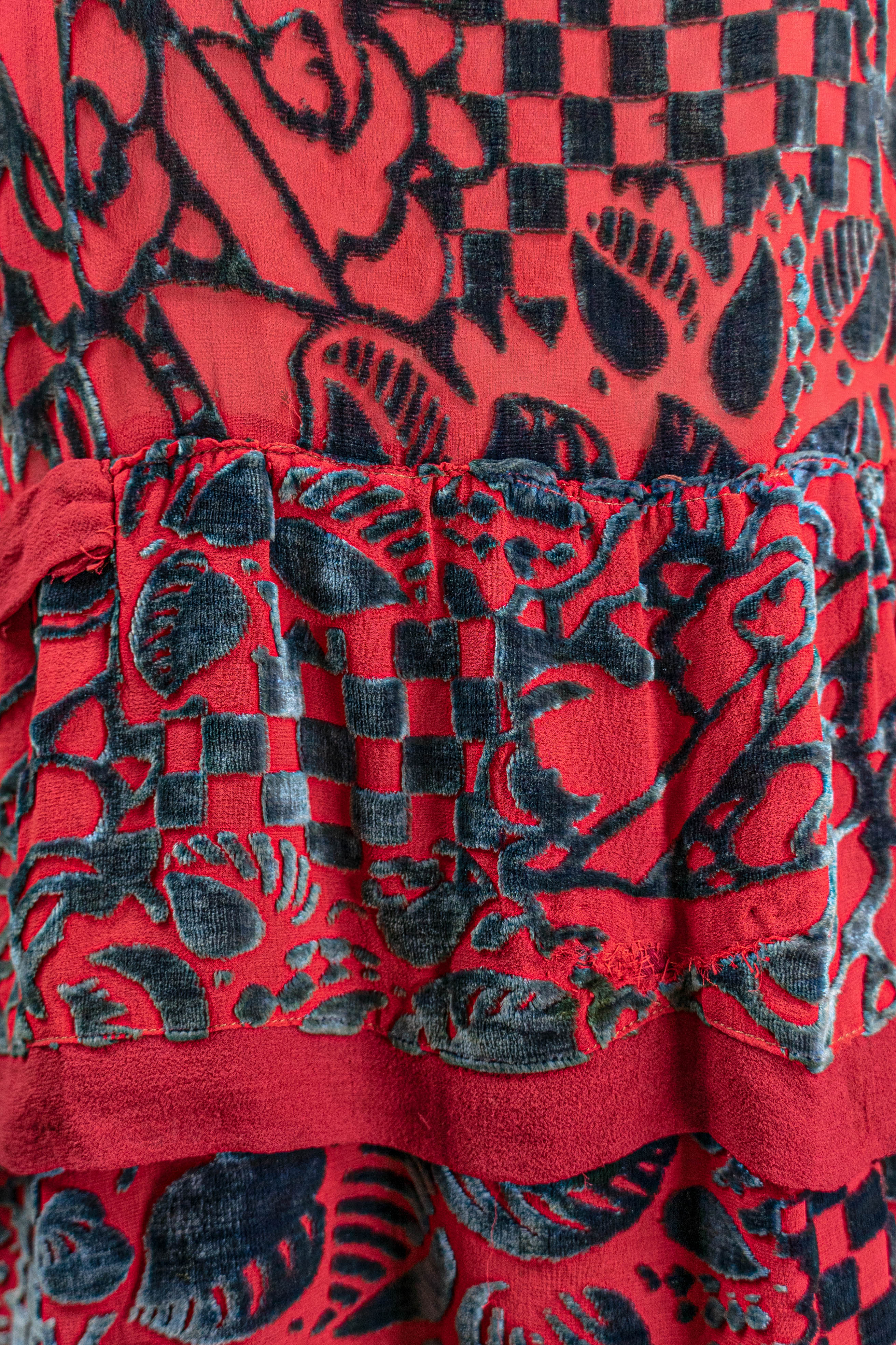 20s Red And Teal Velvet Dress Bat Wing Sleeves, As-is - Image 13