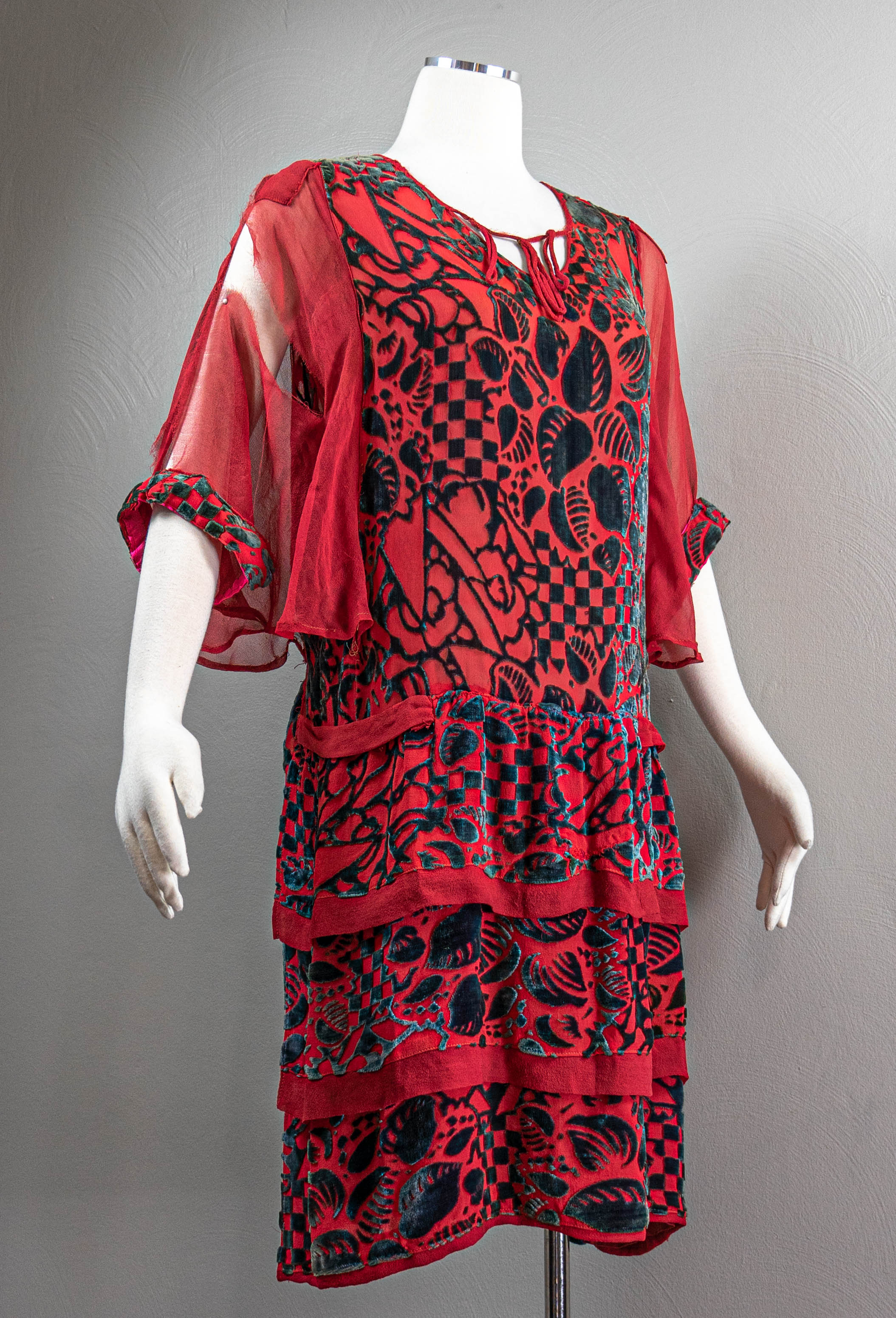 20s Red And Teal Velvet Dress Bat Wing Sleeves, As-is - Image 3