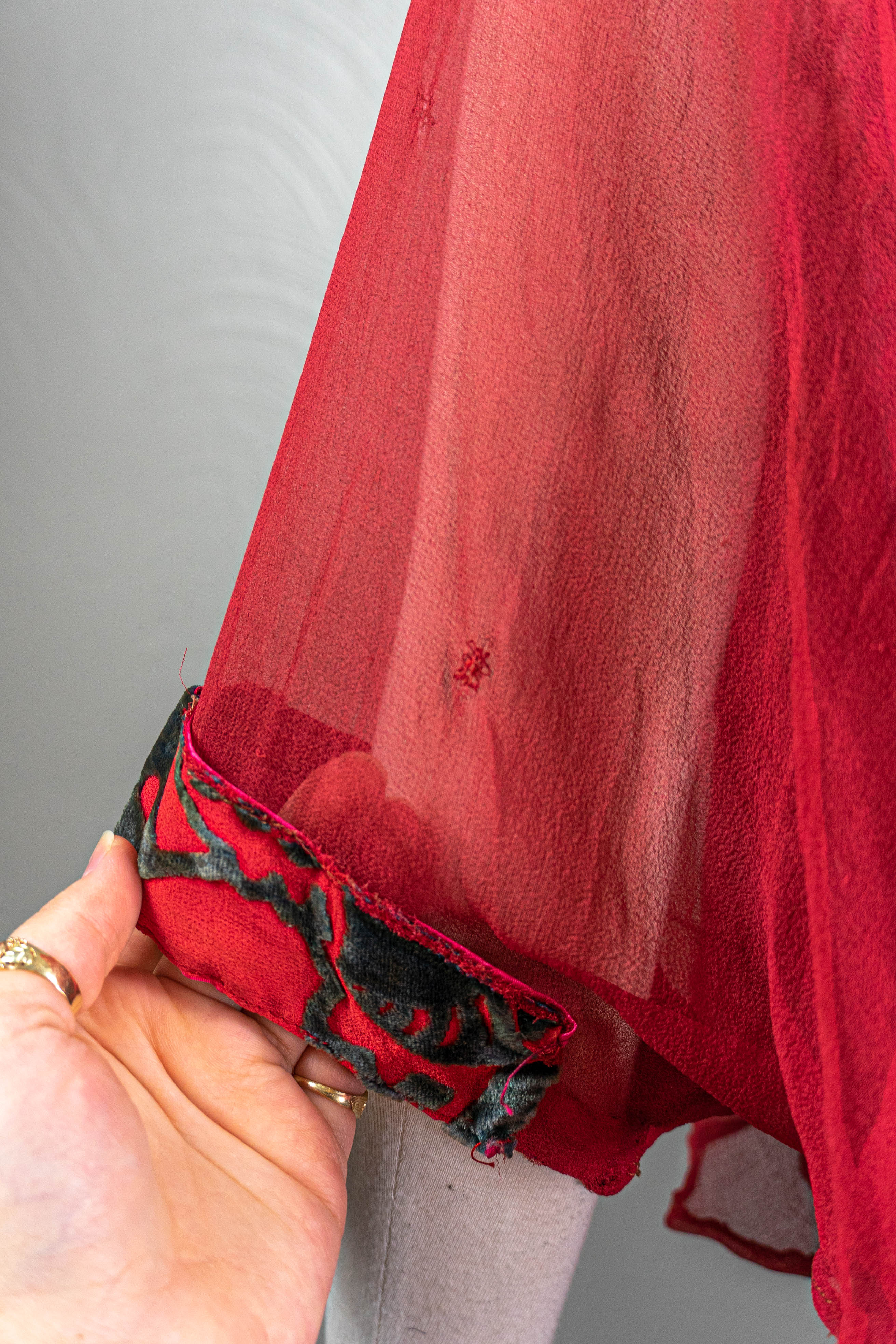 20s Red And Teal Velvet Dress Bat Wing Sleeves, As-is - Image 8