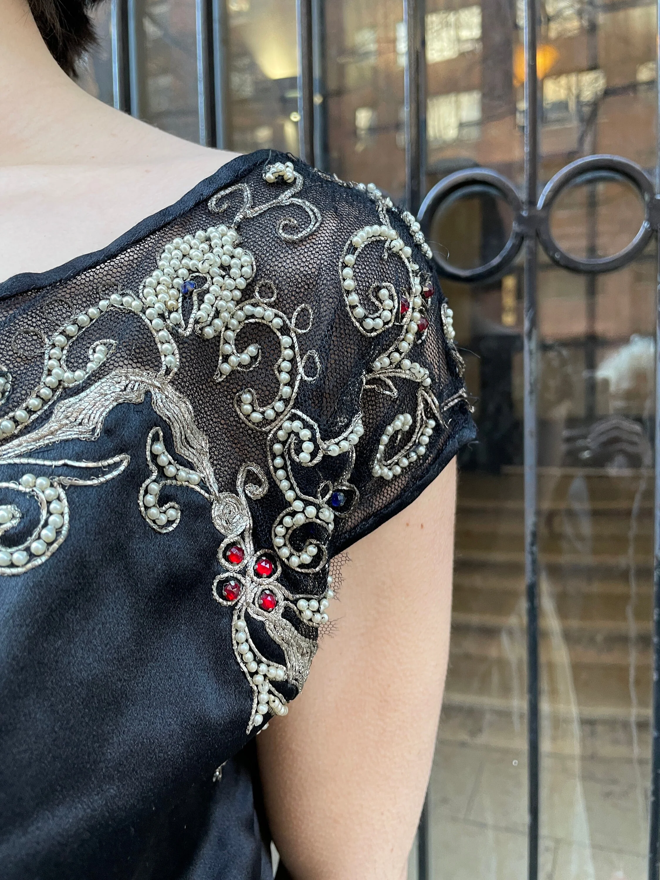 20s Silk Satin Black Top Bejeweled Short Sleeve Top Faux Pearls and Blue Red Beads Gold Threads with Floral Design - Image 3